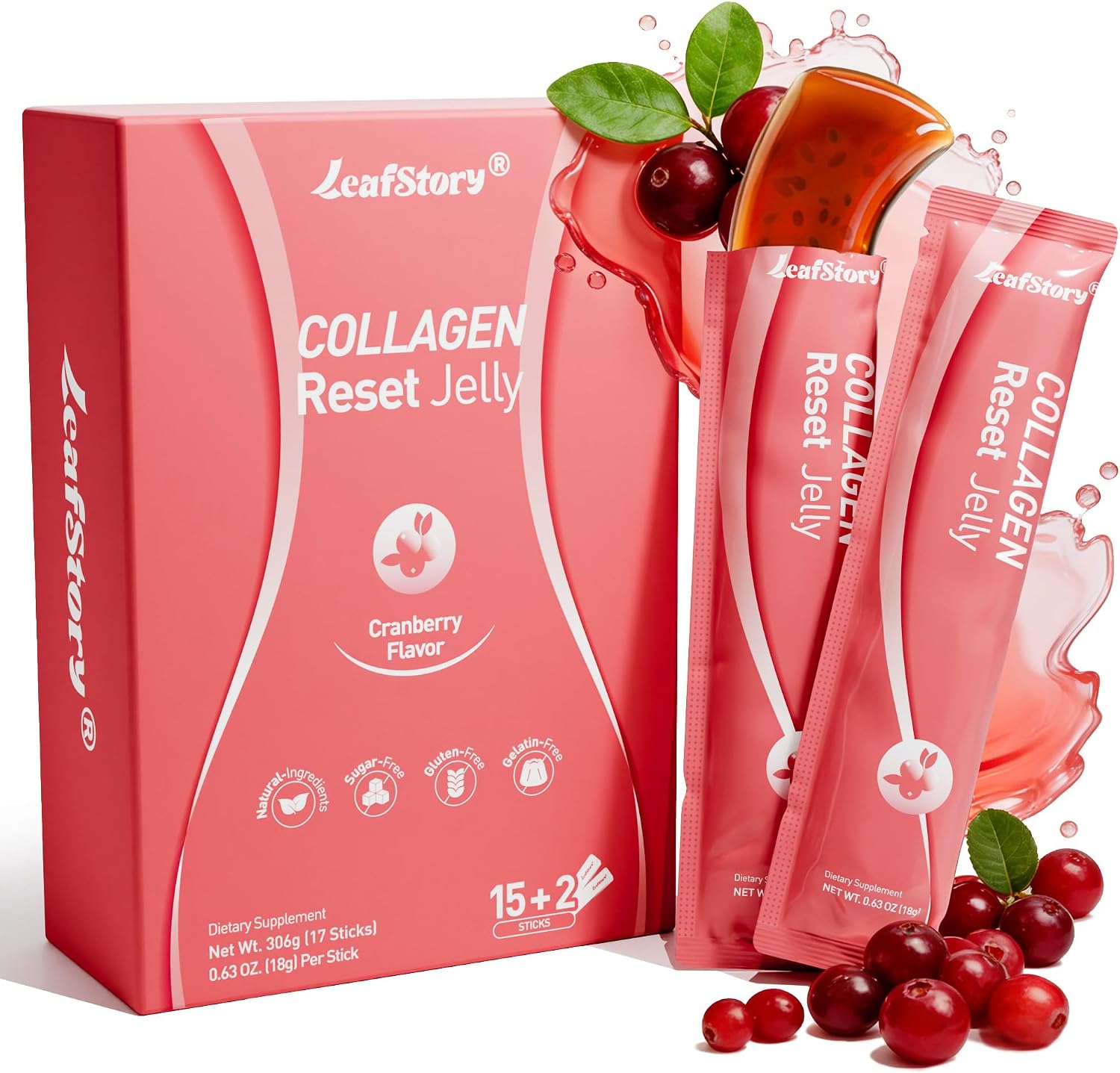 Collagen Peptides Reset Jelly Supplement Cranberry, 17 Sticks