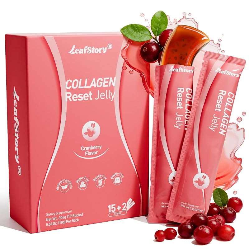 LeafStory Suplemento de colágeno marinho em gel de cranberry 3000 mg, 17 sachês