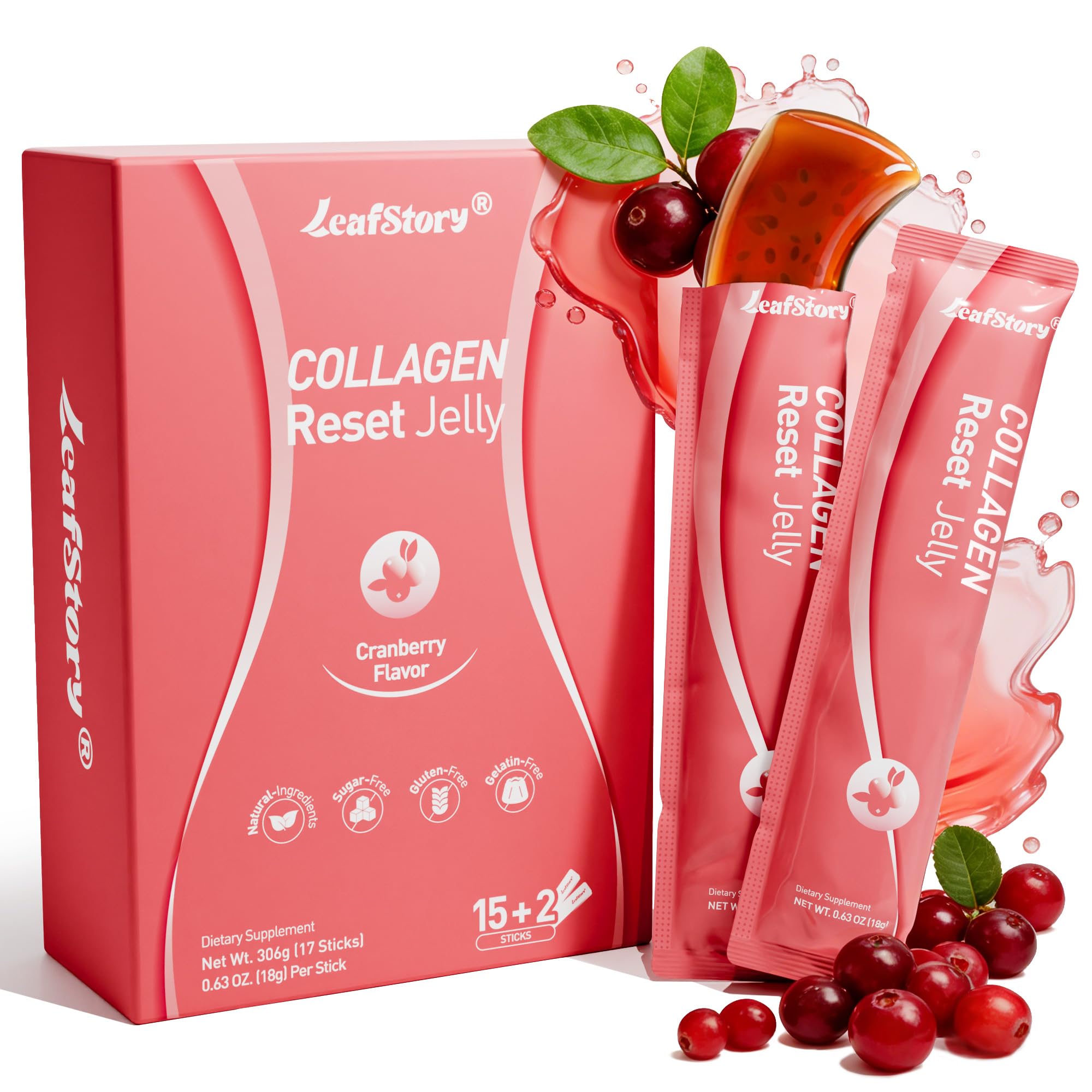 Collagen Peptides Reset Jelly Supplement Cranberry, 17 Sticks