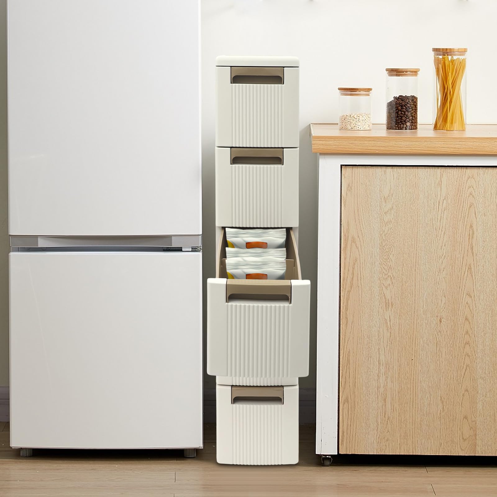 Mueble de almacenamiento estrecho de 5 niveles, mueble de baño de PP, estante con ruedas para espacios pequeños, carro rodante con 5 cajones, 18 × 45 × 100 cm