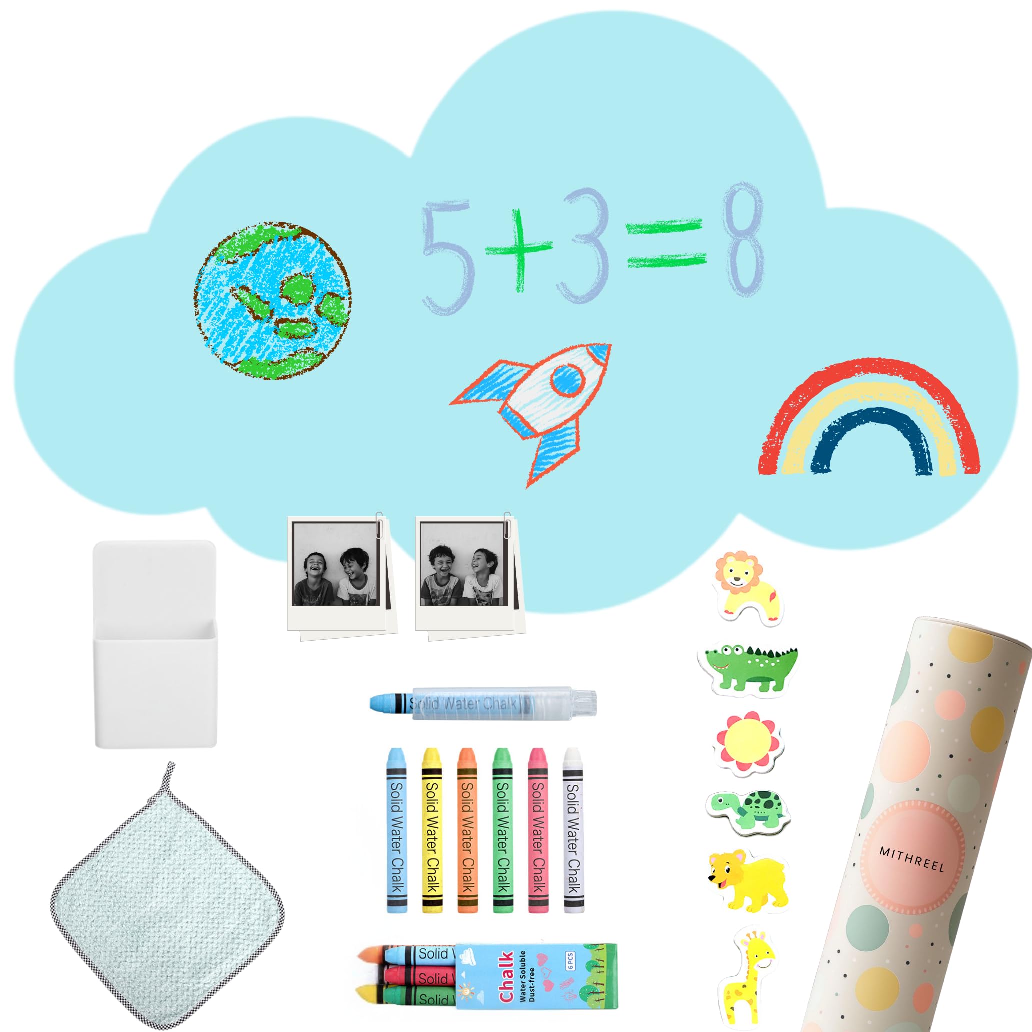 MITHREEL Magnetic Board for Children, Wall Cloud, Blue 120 x 60 cm, with Chalk and Animal Magnets – Children's Educational and Decorative Board (Blue 120 x 60 cm).