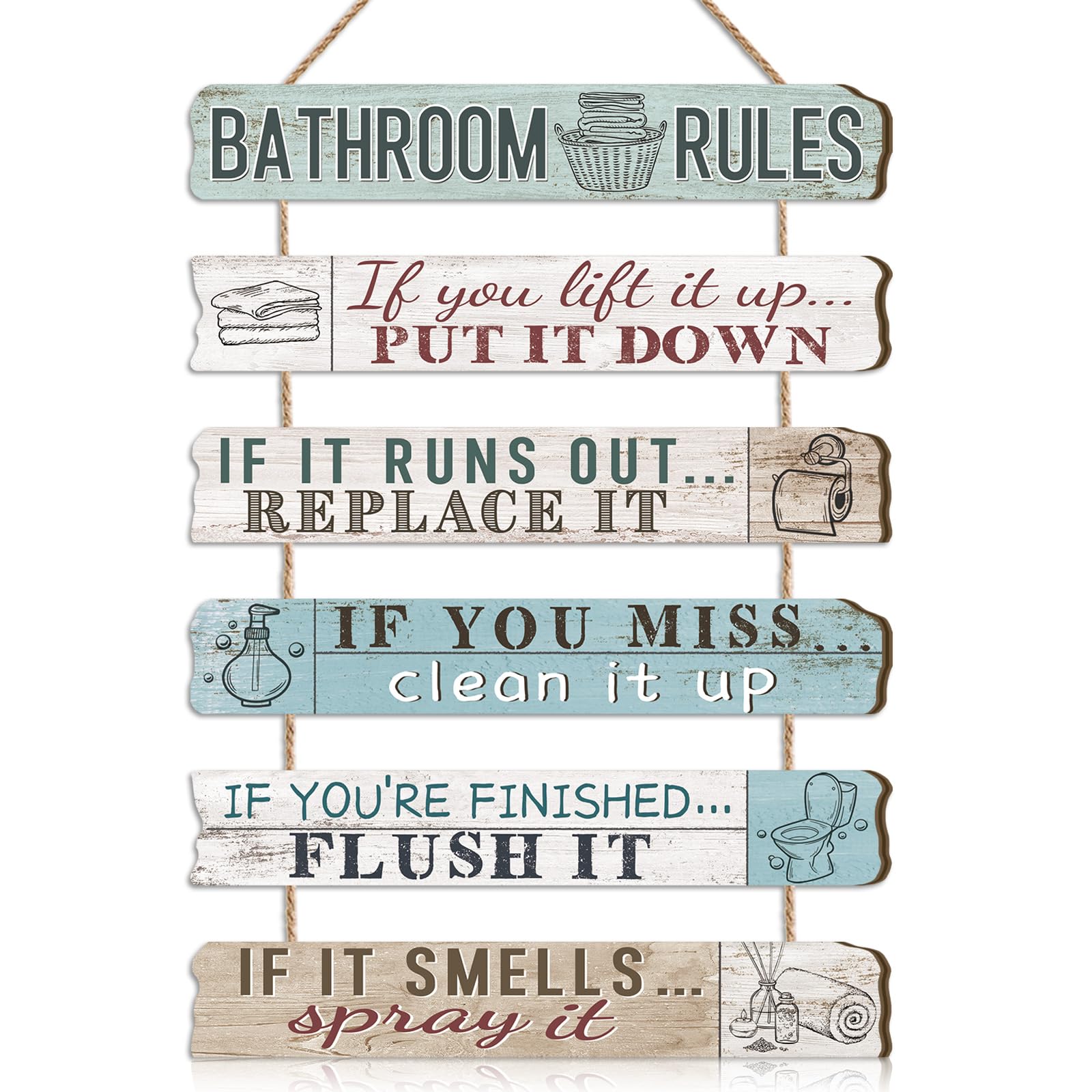 HPNIUB Funny Bathroom Rules Wall Art Sign Decor, Blue Bathroom Accessories Wood Hanging Plaque, Rustic Home Decoration for Spa Bathroom Laundry 27x4.5cm