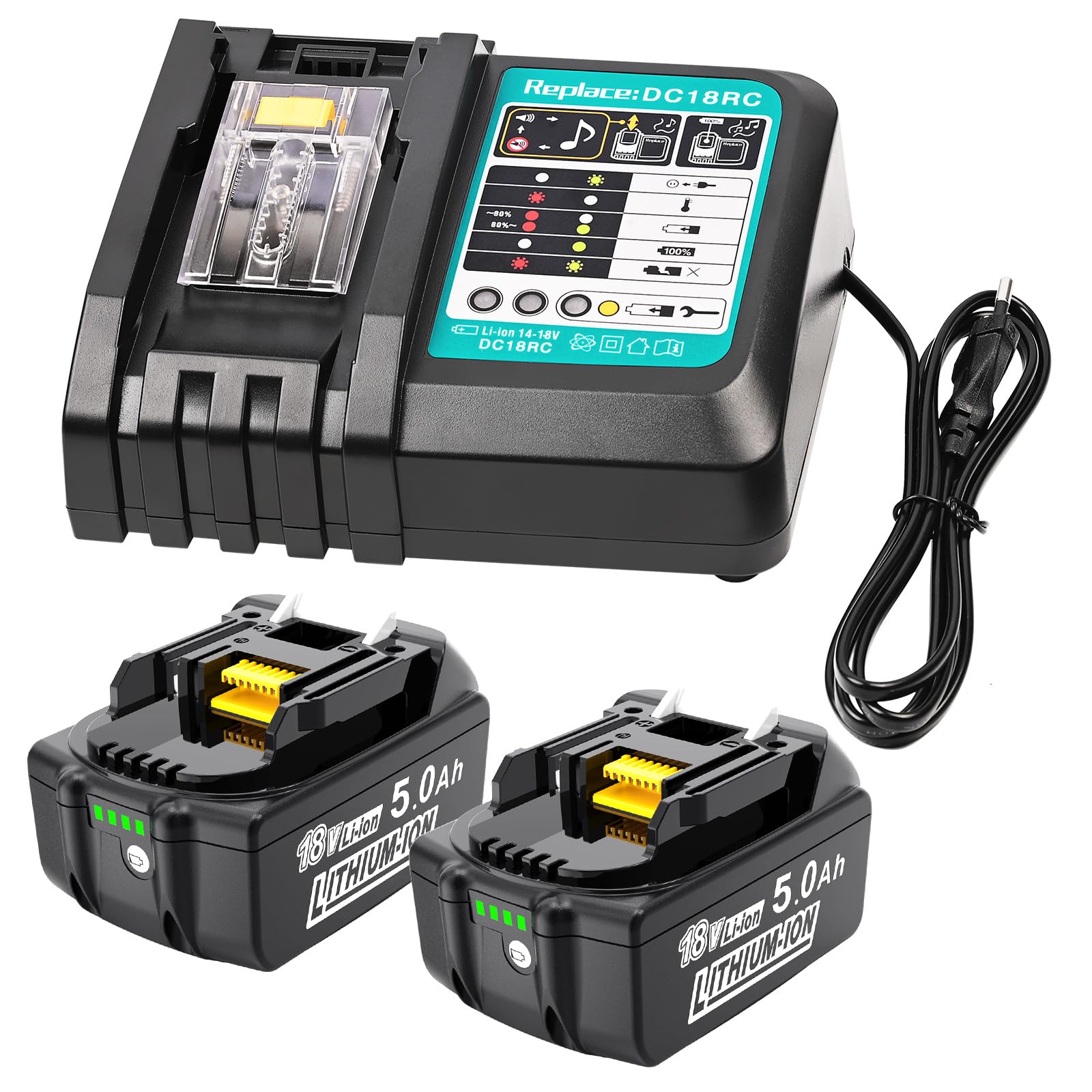Makita 18V 5.0Ah Batería de Repuesto de Iones de Litio 2 Unidades Compatible con BL1850B BL1850 BL1860B