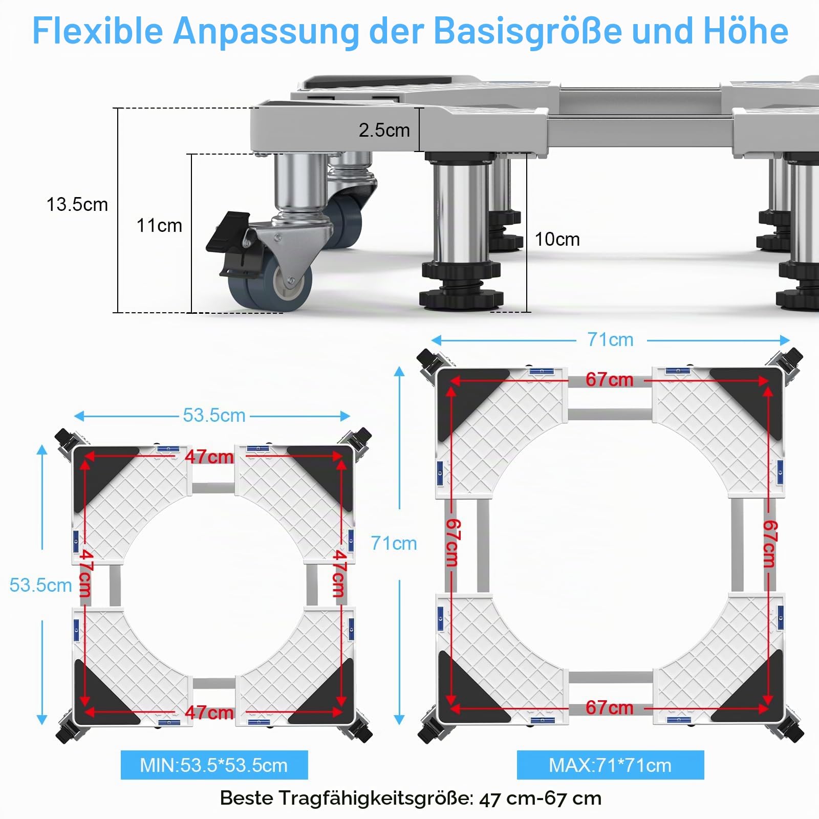 DEWEL 4 Füße + 4 Räder Waschmaschine Untergestell für Kühlschrank Verstellbare Waschmaschinensockel für Trockner, Bärenlast 500kg, Untergestell Einstellbare Breite 47-67cm, Höhe 13.5cm