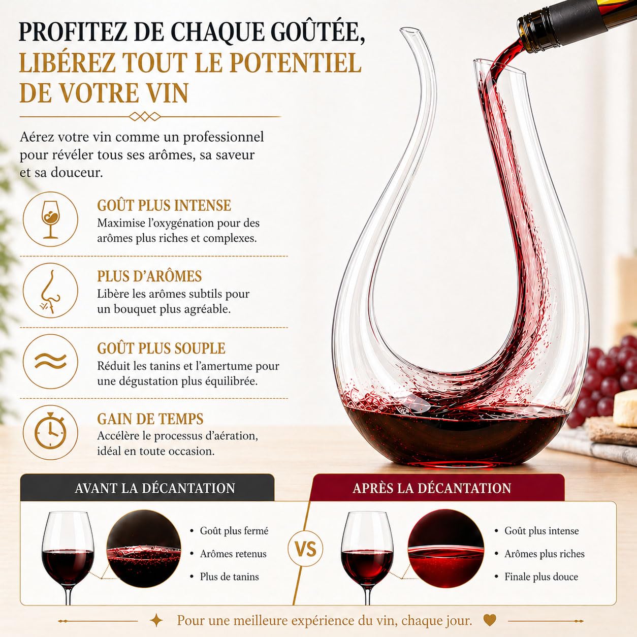 Carafe à vin 100% sans plomb en forme de U en cristal soufflé à la main 1,5 l