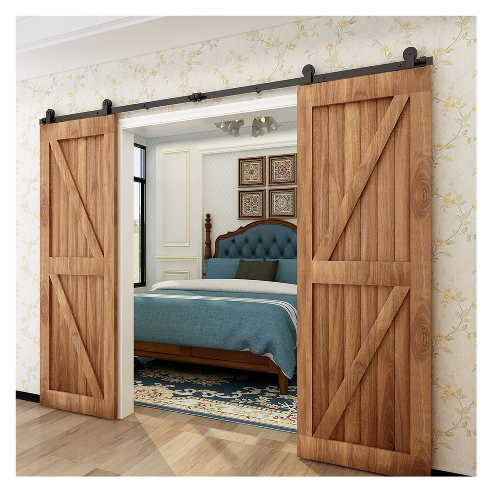 Kit di ferramenta per porta scorrevole, 122 cm-610 cm, sistema di binari industriali a T, per doppie porte in legno (kit di guide da 295 cm)