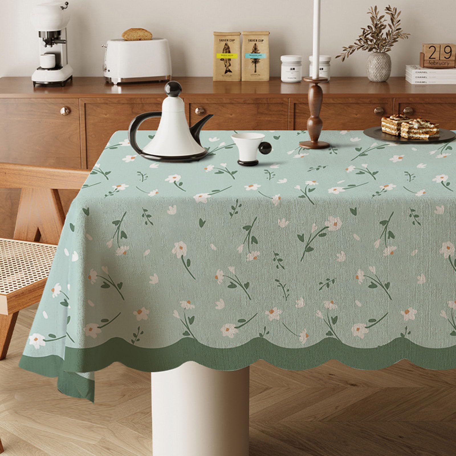 Odot Wipe Clean Tablecloths - Square, Stain Resistant Country Style Cotton and Linen Rectangular Table Cover for Kitchen, Dining, Coffee Table (Green Flowers,100x160cm)