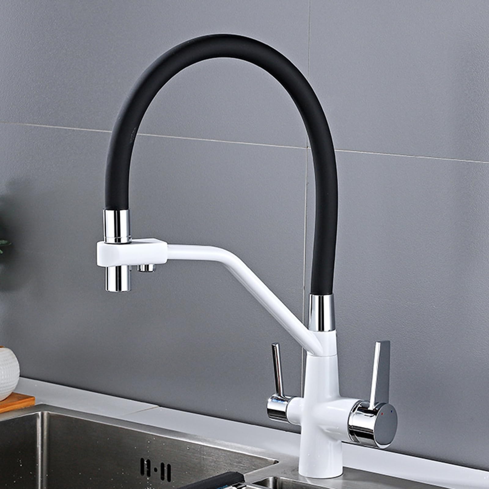 ZYCHSJXA 3 Way Pull Out Kitchen Tap Purified Water Hot and Cold Double Handle Brass Sink Flexible