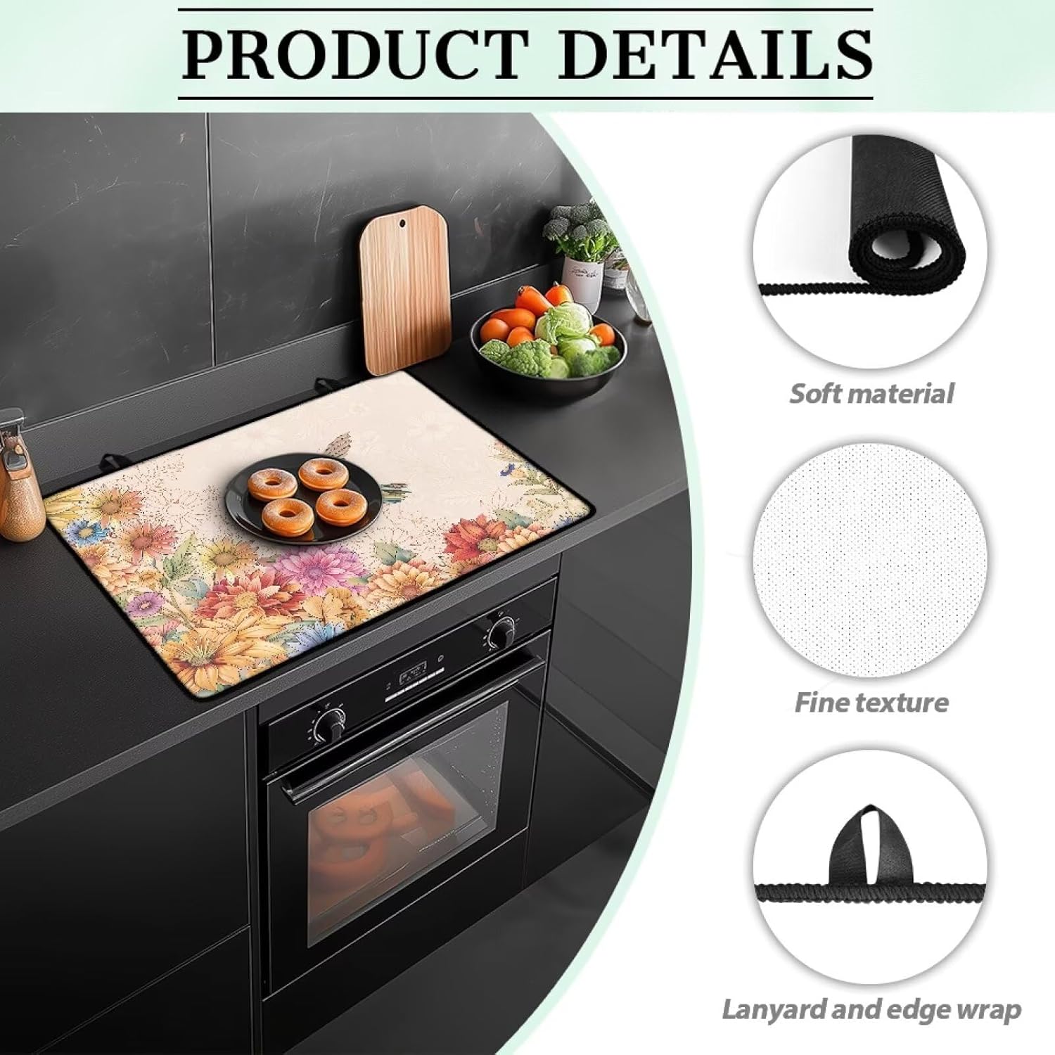 Hummingbird Daisy Pattern Electric Stove Top Covers, Heat Resistant No Crease Ceramic Glass, Induction, Cook Top, Flat RV Range Covers Protector, Dish Drying Mat for Kitchen Appliances