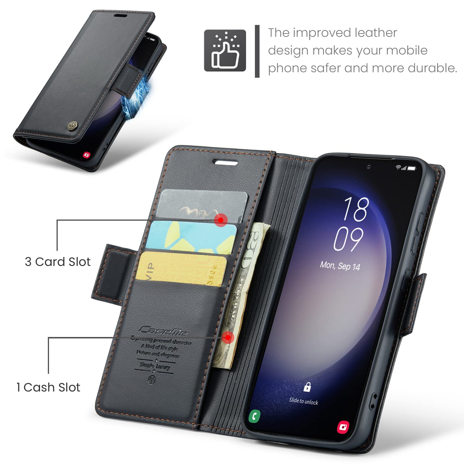 Case for Samsung Galaxy S23 Wallet Case, RFID Blocking PU Leather Flip Folio Cover Card Holder Kickstand Shockproof Phone Case Compatible with Samsung Galaxy S23, Black — view 3