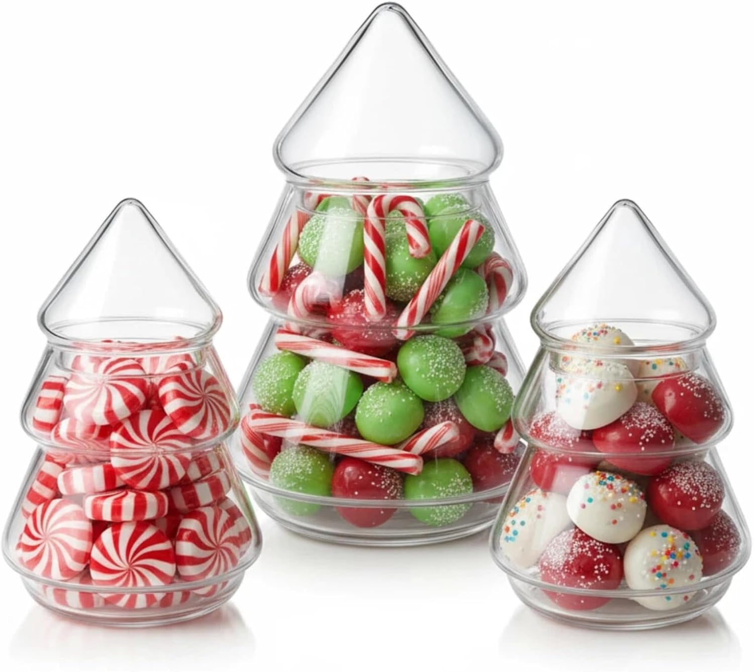 Baderke 3 Pcs Christmas Tree Candy Jars Glass Cookie Jars with Lids Lovely Christmas Tree Jar Bowl Food Storage Container for Xmas Festival Holiday Party Gift Table Decoration