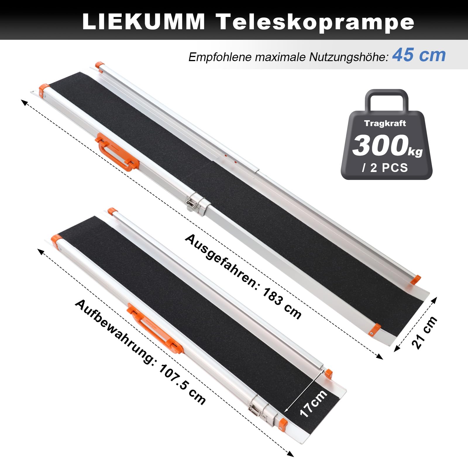 LIEKUMM Antypoślizgowa rampa ułatwiająca załadunek, 180 cm x 21 cm, regulowana, przenośna, aluminiowa rampa teleskopowa na schody i przeszkody, składana szyna ładująca (MR207N-6), 2 sztuki