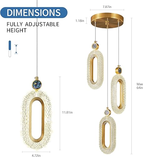 Miniatura 2 de Iluminación colgante para isla de cocina, luces LED regulables, modernas, doradas, para dormitorio, pasillo, entrada, cocina, isla (3 luces)