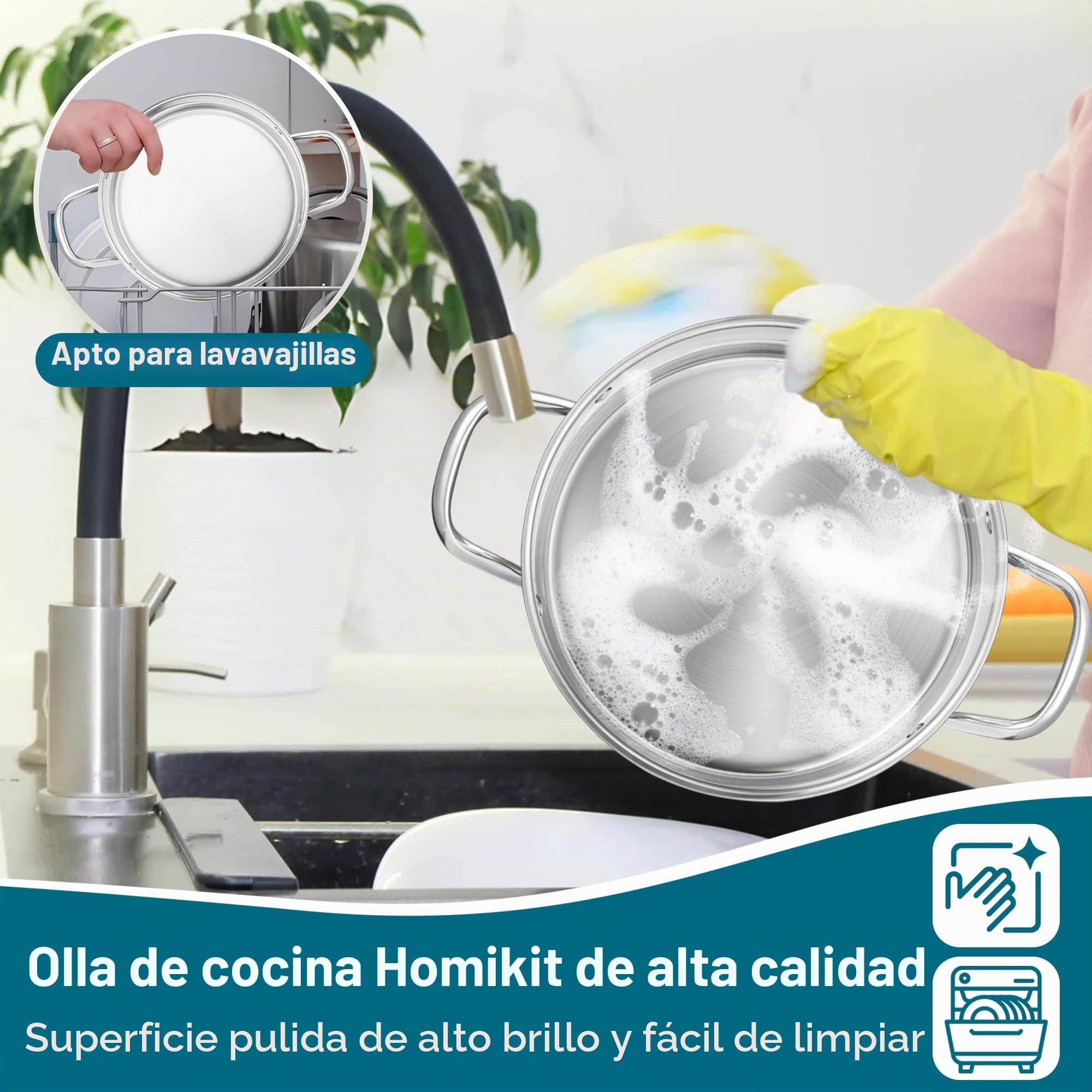 Homikit Olla de acero inoxidable de 9,4 L, para inducción, con tapa de cristal, para sopa, de 3 capas, apta para todo tipo de fuegos, sin revestimiento, altamente pulida y apta para lavavajillas