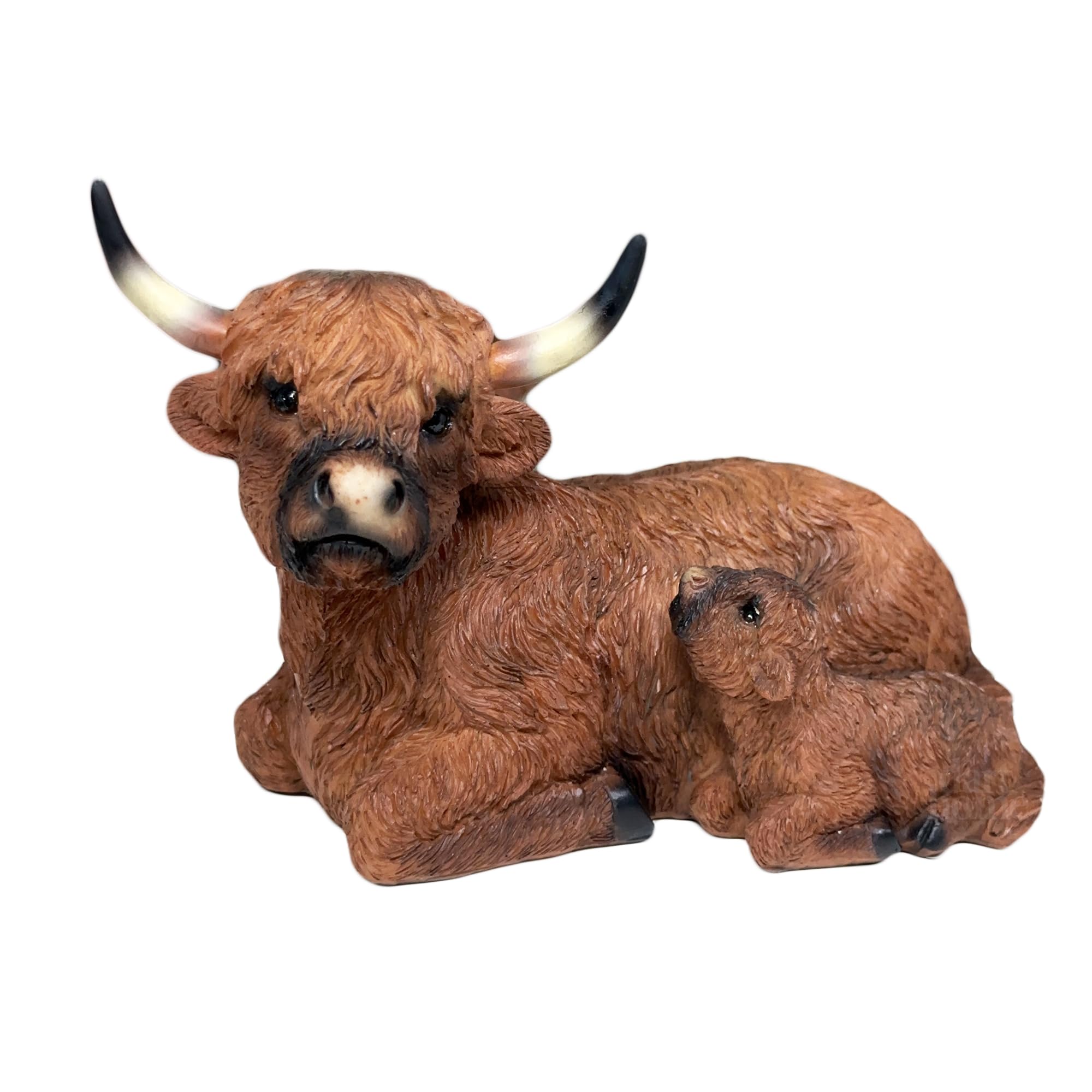 Darthome Brown Lying Highland Cow With Baby Figurine Resin Scottish Animal Coo Ornament
