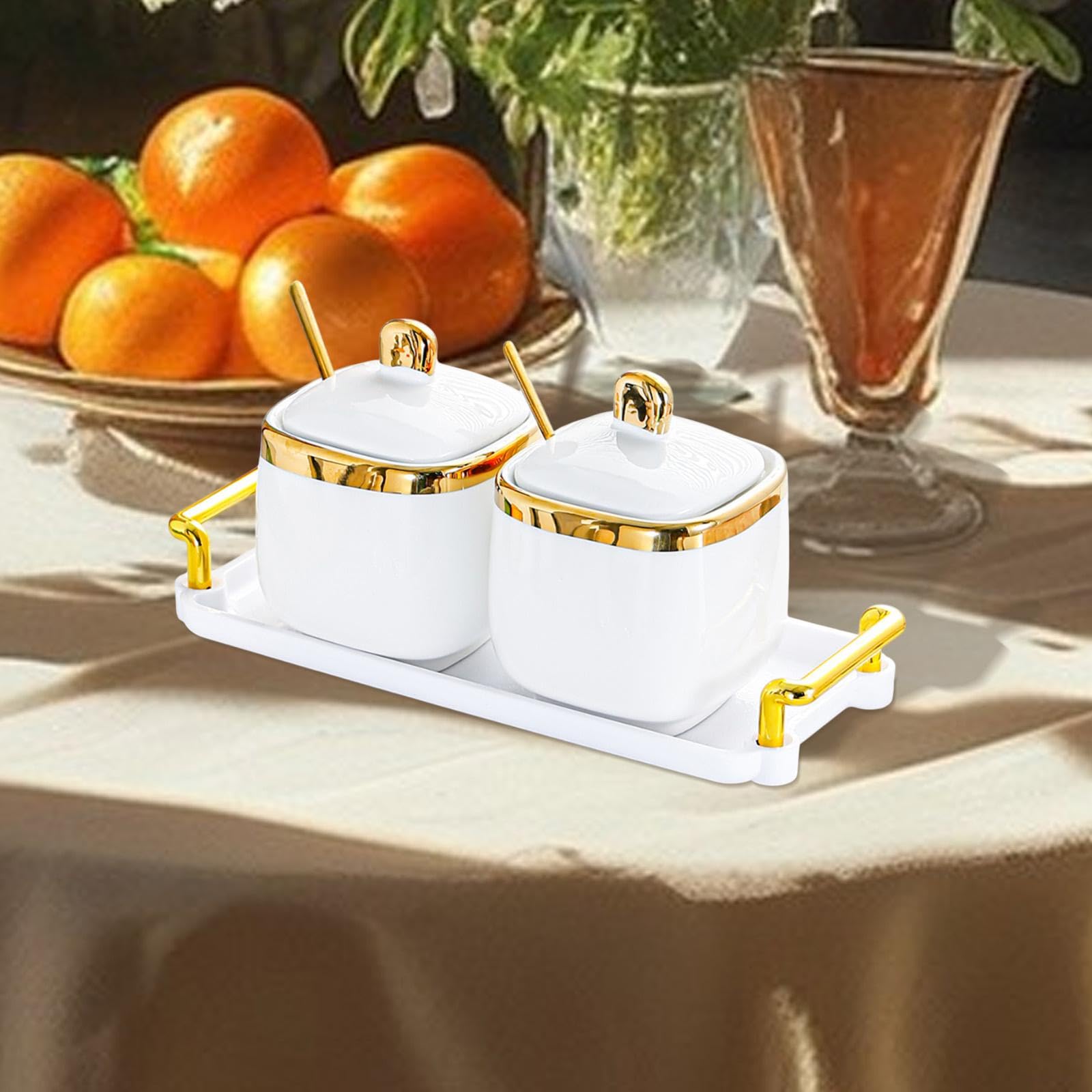 Porzellan Gewürzbehälter, Gewürzbehälter, Aufbewahrungsbox für Lebensmittel, Salz Zucker Behälter mit Löffel für Urlaub, Arbeitsplatte, Bar, Zuhause, 2 Gläser Gold