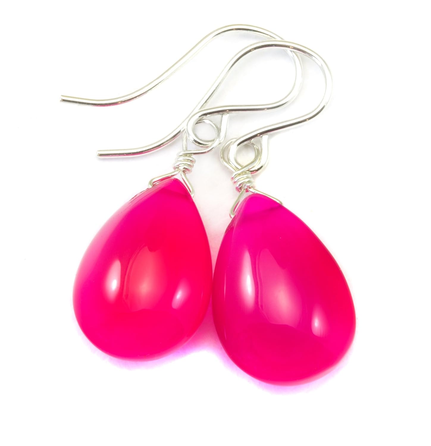Sterling Silver Chalcedony Earrings Hot Pink Magenta Fuscia Smooth Pear Teardrops Simple Briolette Dangles