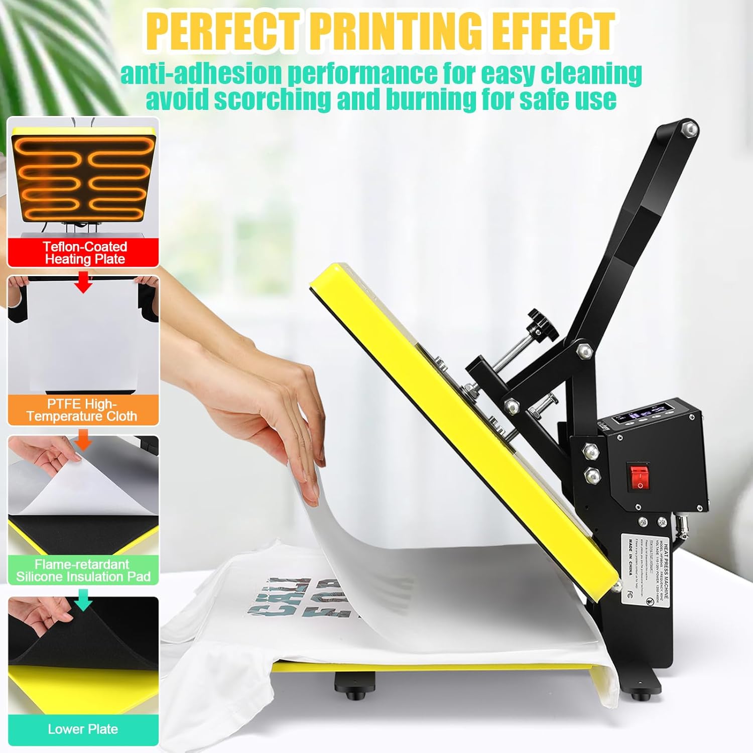 Whubefy Heat Press Machine for T Shirts 15x15 Slide Out Drawer with Counting Function & 3 Pre-Set Modes, Pressure Knob, Digital Industrial Clamshell Sublimation Printer Heat Transfer Vinyl DIY Yellow