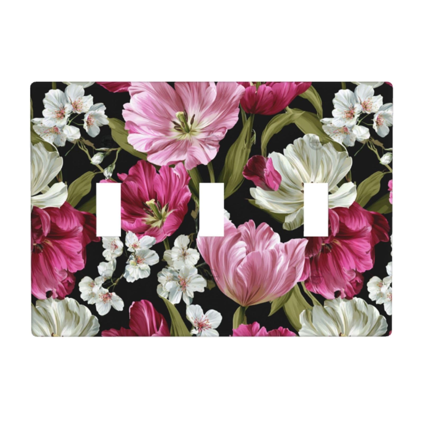 Woshuwo White Tulip And Flowers Light Switch Covers 3 Gang Triple Toggle Wall Plate Switchplate Electrical Faceplate For Bathroom Kitchen Bedroom Decor