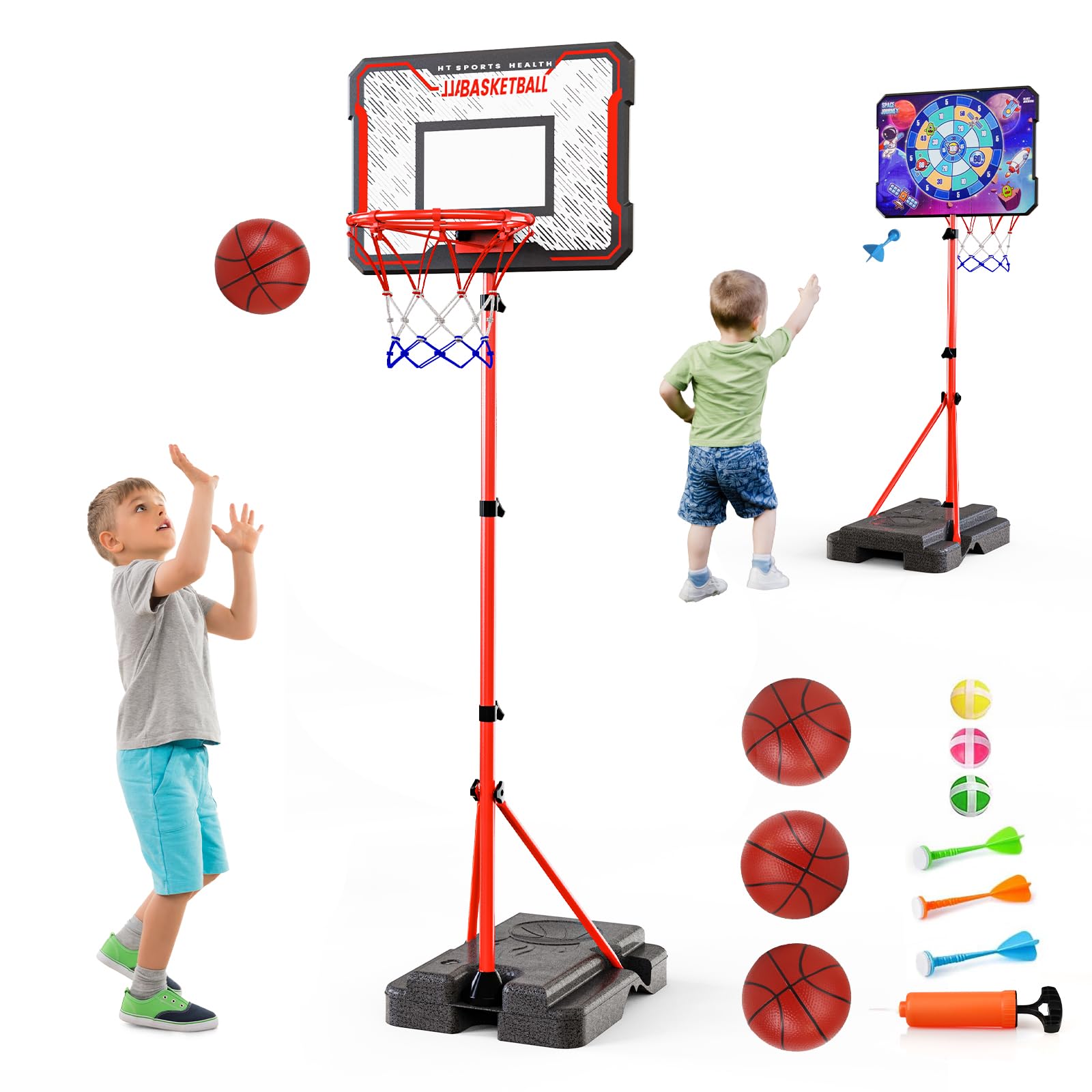 Kinder Basketballkorb mit Darts Target 2 in 1 mit Ständer hochverstellbarer 88-189 cm, Mini Basketball Outdoor Indoor und Außenbereich für Kinder im Alter von 3 bis 8 Jahren