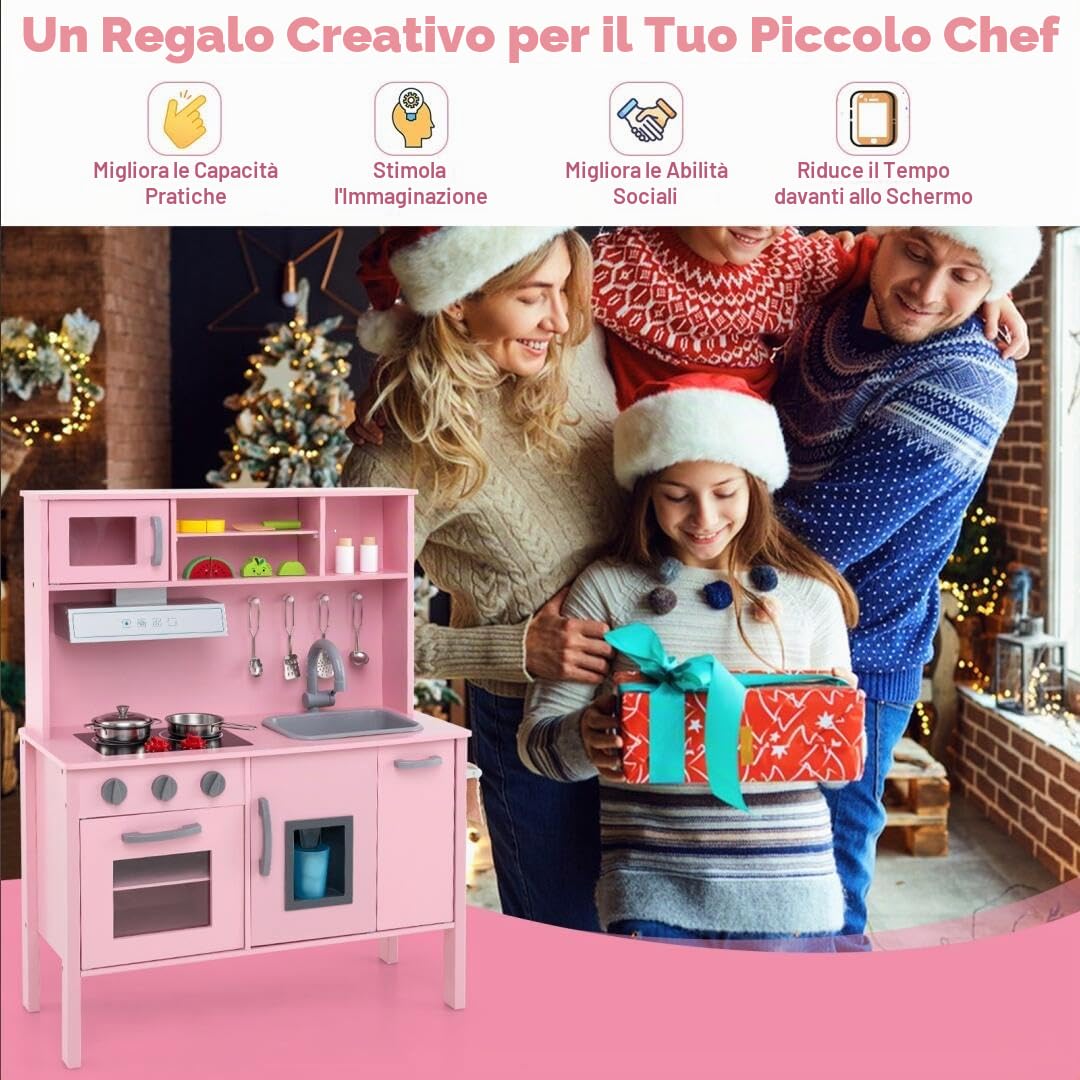 HOMASIS Cucina Giocattolo per Bambini, Cucina in Legno con Lavello, Fornello, Forno, Microonde, Macchina per il Gelato, 18 Accessori, Cucinetta per Bambini dai 3+ Anni (Rosa)