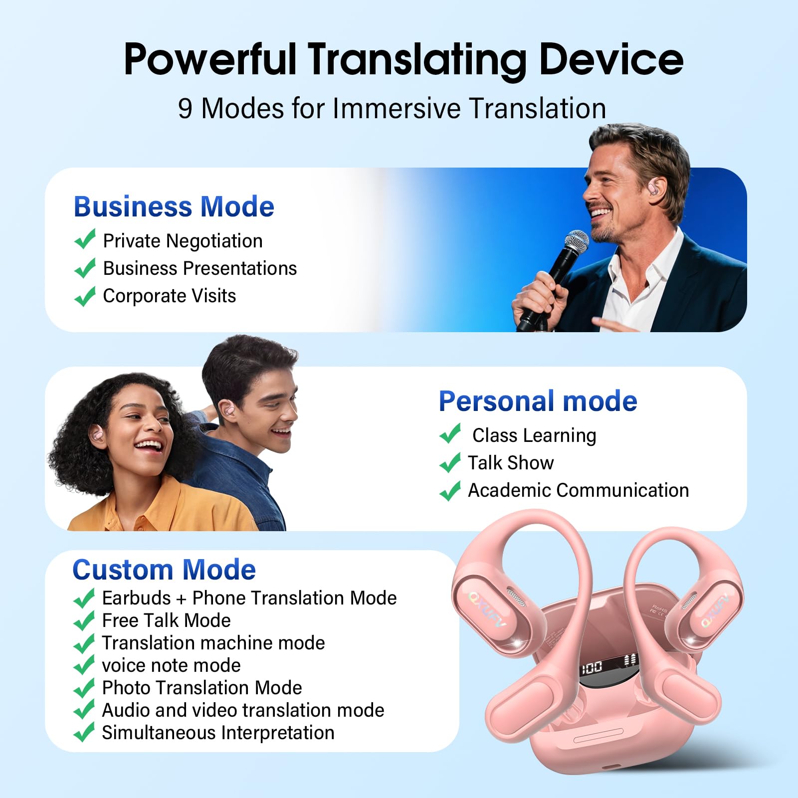 Auriculares Traductor en Tiempo Real 164 Idiomas Traductor Instantaneo de Voz, Auriculares Open-Ear Smart Ambiental, 9 Modos traducción AI, 4-en-1 Cascos Traductores, Música/Llamada/Traducción/Deporte