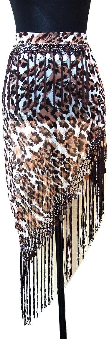 Belly Dance Triangle Chiffon Fringed Coin Hip Scarf Belt -- Brown Animal Print