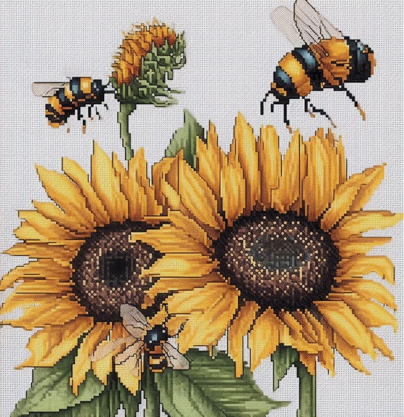 Generic Sunflowers and Bee Cross Stitch Kits with Hoop for Beginners Stamped Cross-Stitch Supplies Needlework DIY 11CT 3 Strands Cotton Thread Printed DIY Needlepoint Kits 50×50cm (CB191)