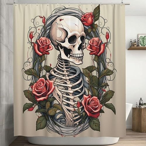 Miniatura 1 de YLATY3445 - Cortina de ducha de calavera para baño, divertido juego de cortina de ducha hippie con flores rojas y esqueleto, pintura al óleo, tela