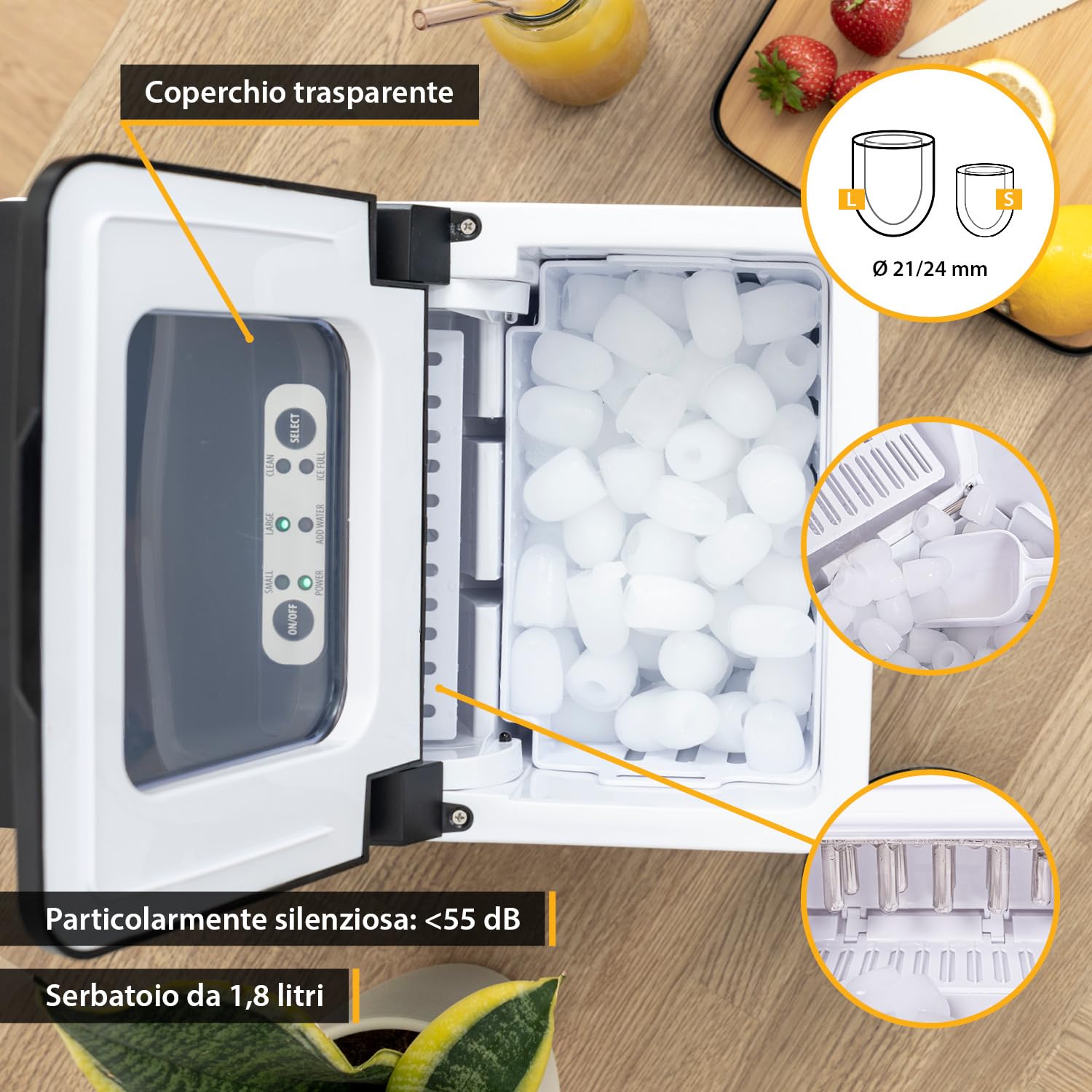 TZS First Austria - Macchina del Ghiaccio 1,8L - 150W con Compressore - 9 Cubetti di Ghiaccio pronto in 7-9 Minuti - 2 Dimensioni (S/L) - 12 kg/giorno - Produttore di Ghiaccio Portatile - Nero