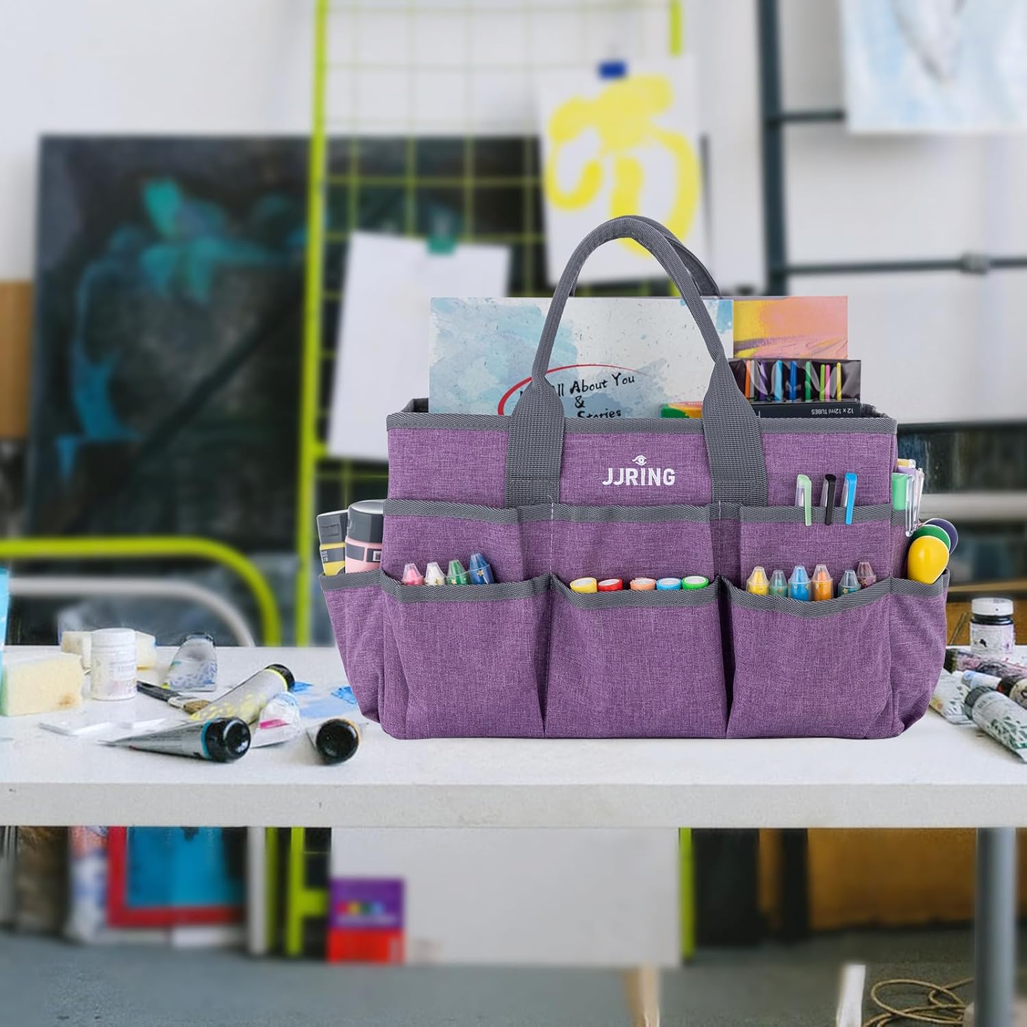 JJRING Craft Tote Bag Organizer for Art Storage, Art Tote Organization with Multiple Pockets, Art Sewing Supply Bag for Scrapbooking, Medical, and Office Supplies Storage (Purple)