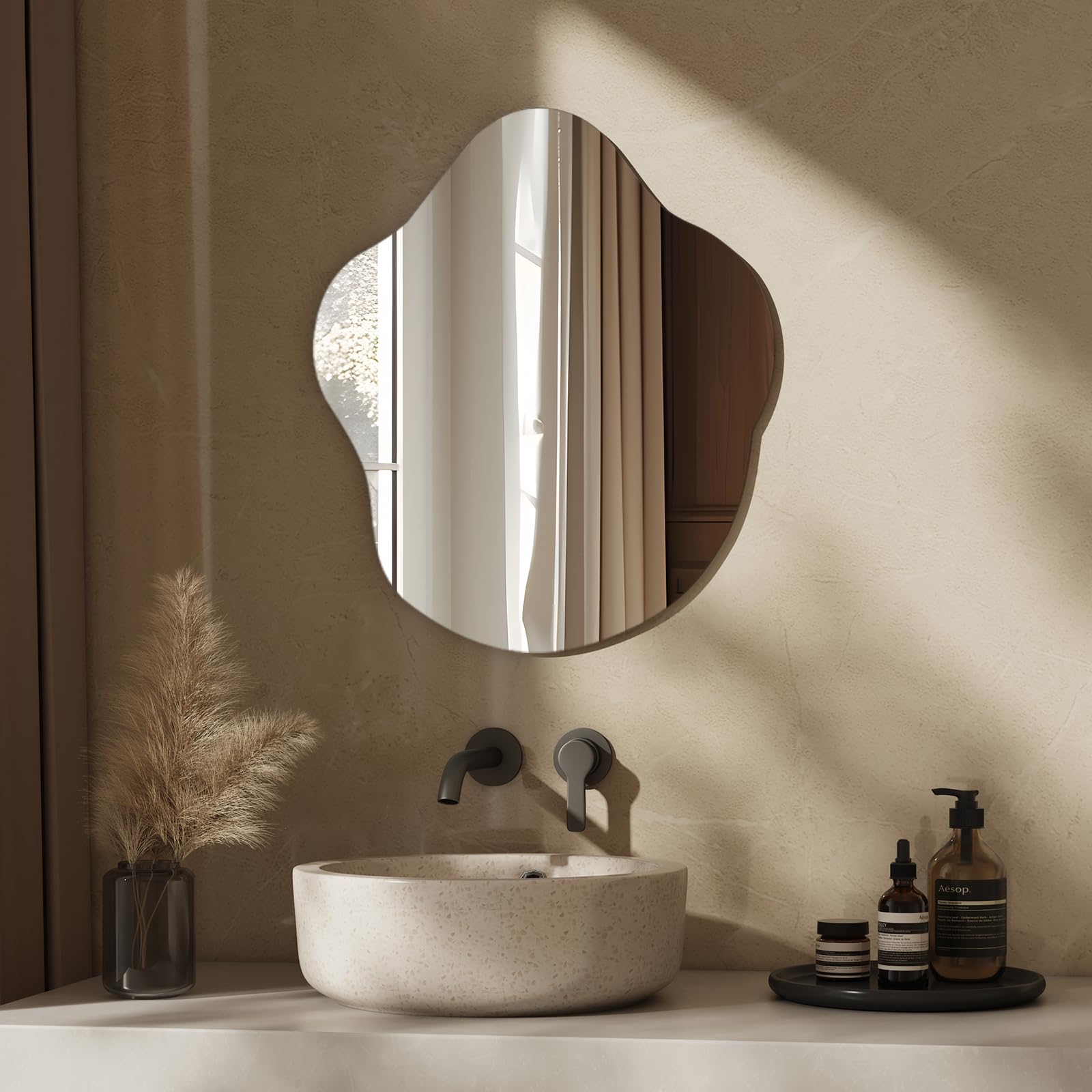EMKE Frameless Asymmetrical Wall Mounted Vanity Mirror, 450x600mm Irregular Wall Mirror for Bathroom, Bedroom, Living Room, Entryway Wall Decor, Unique Design Mirror