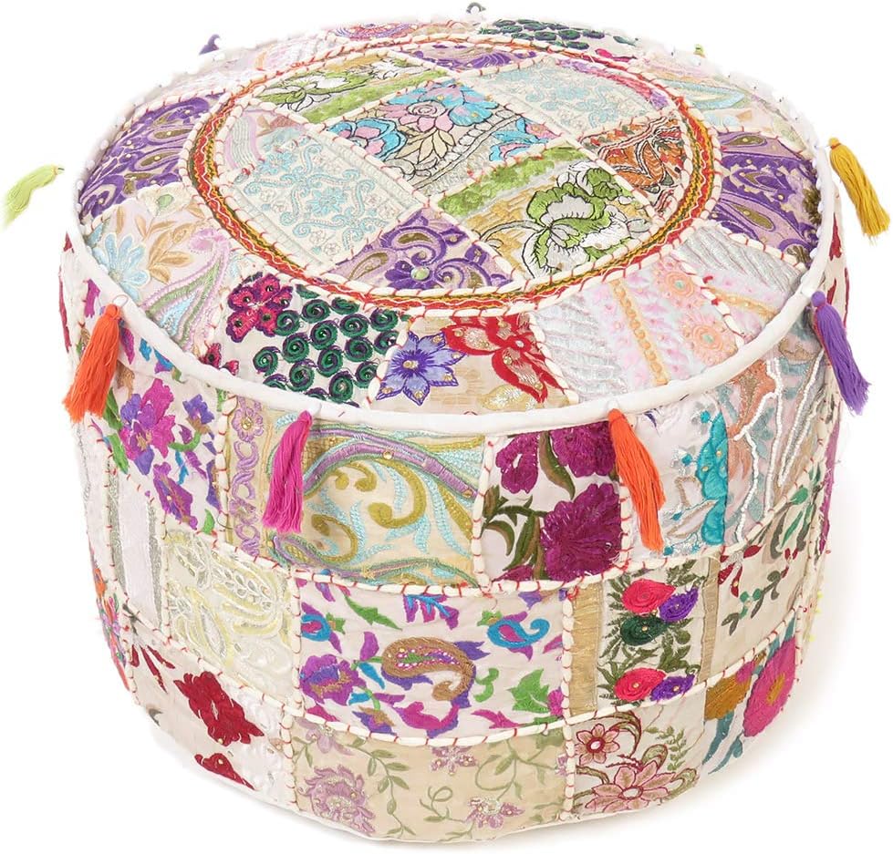 Eyes of India - Embroidered Patchwork Round Ottoman Pouf Pouffe Cover Floor Seating Boho Chic Bohemian Accent Indian Handmade (Pink, 17 x 12 Inch)