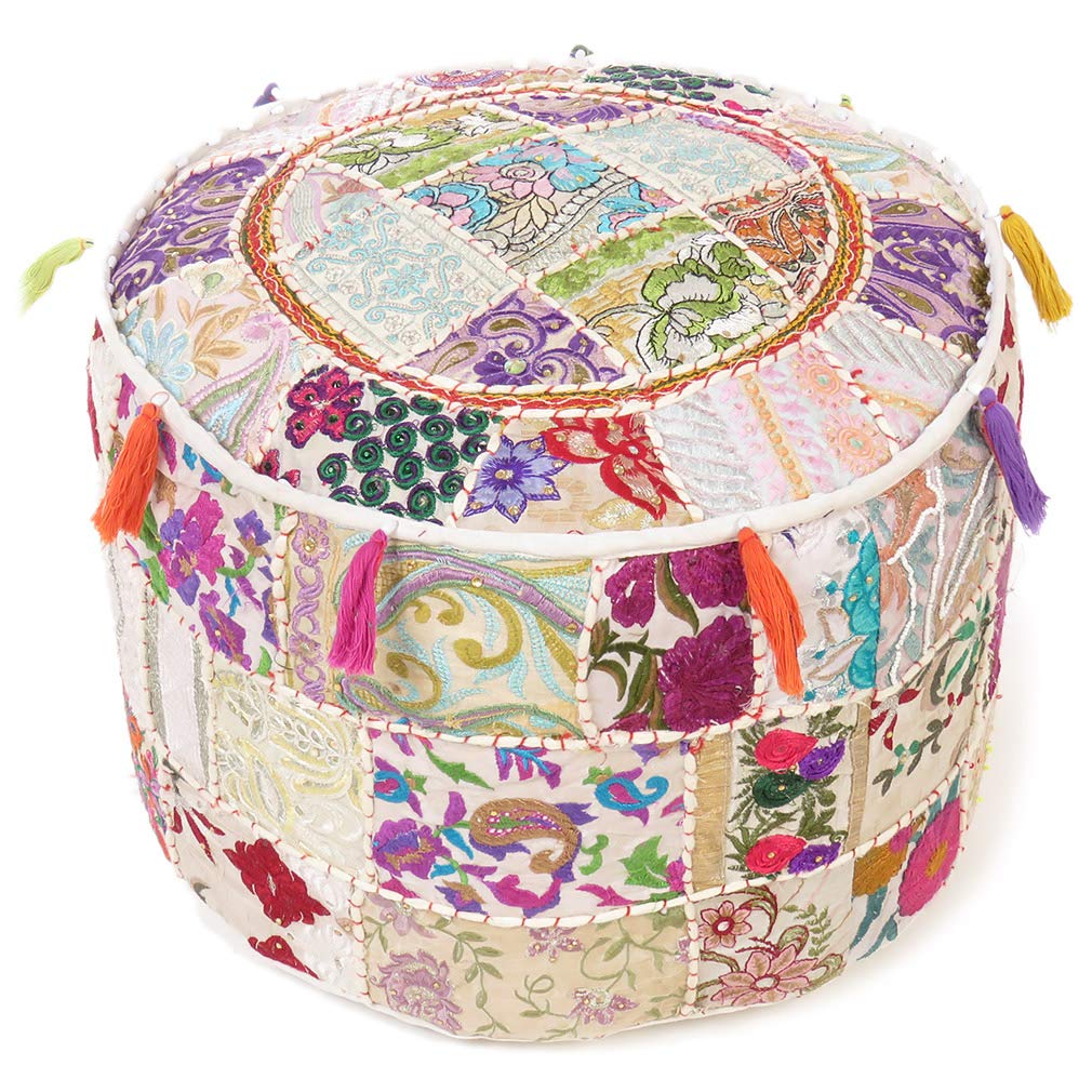 Eyes of India - 17 X 12 Small White Patchwork Round Pouf Pouffe Ottoman Cover Floor Seating Boho Chic Bohemian Accent Indian Handmade