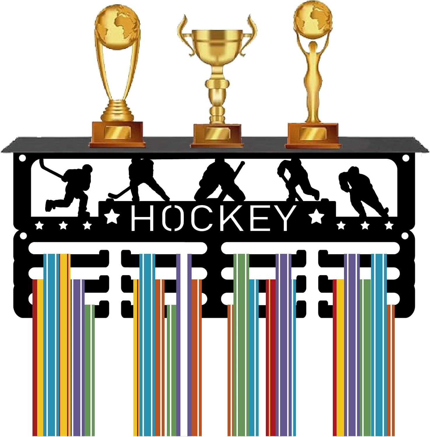 CREATCABIN Hockey Medal Holder Trophy Shelf Display with 12 Hooks Metal Medal Hanger for Wall Mount Stand Hold 60+ Sports Medals Organizer Rack with Shelf for Men Women Awards Race 11.4x5x4Inch