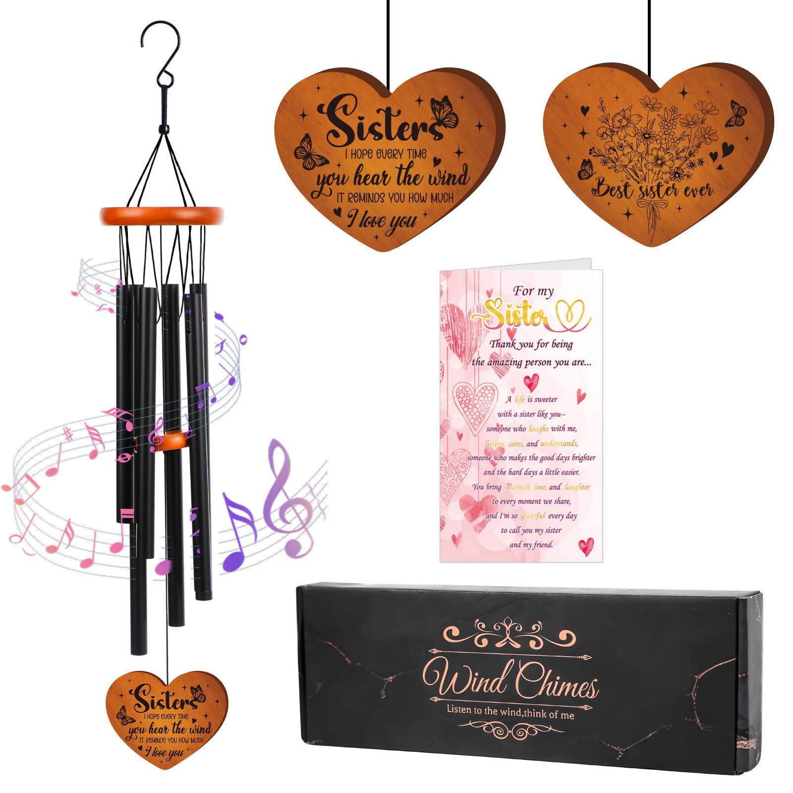 Riletese Sister Gifts Wind Chimes for Outside - Metal Windchime with Wooden Heart Pendant, Greeting Card & Black Gift Box - Birthday for Sister from Sister, Garden Patio Hanging Decor