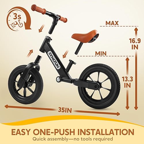 Miniatura 2 de SYNCFUN Bicicleta de equilibrio para niños pequeños, asiento ajustable y asa de transporte, neumáticos antideslizantes de 12 pulgadas, bicicleta