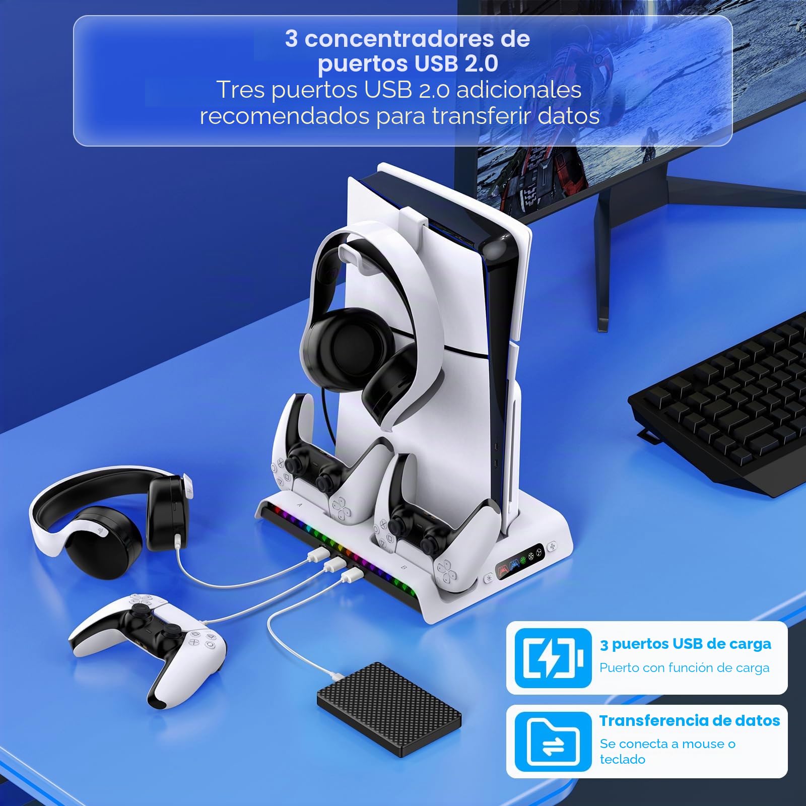 FYOUNG Soporte vertical para consola PS5 Slim con ventilador y estación de carga del controlador, soporte de refrigeración multifuncional para PlayStation 5 Slim accesorios con luz 9RGB (solo para PS5