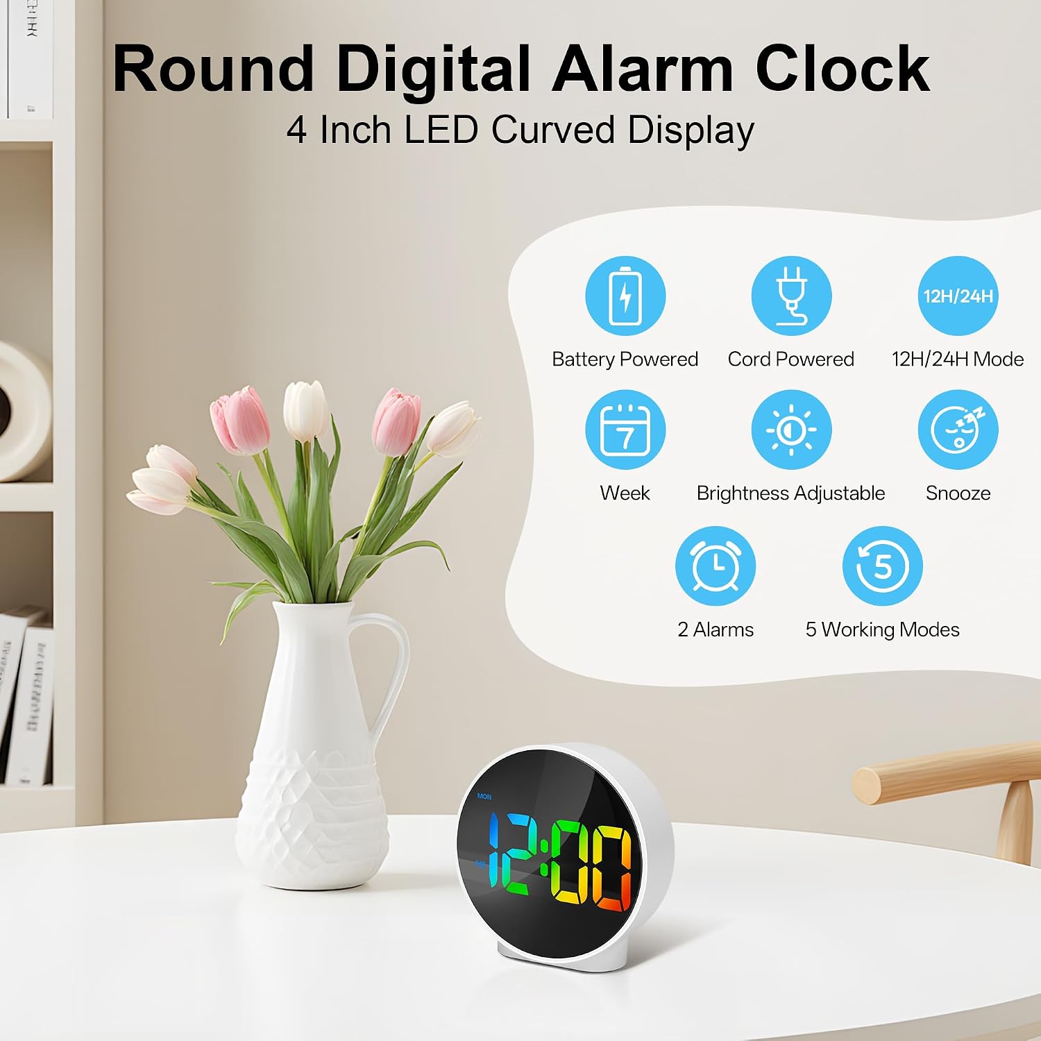 Lafocuse LED Colorful Digital Alarm Clock Battery Operated, Modern Round Digital Clock with 2 Alarms, Snooze, Adjustable Brightness, Curved Screen Design Bedside Alarm Clock for Bedroom Office