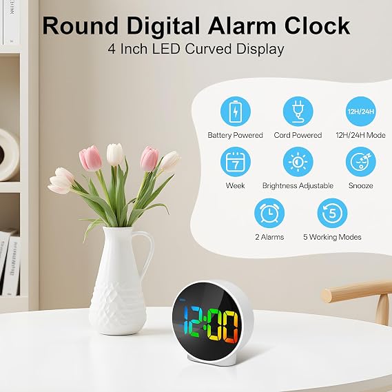 Lafocuse LED Colorful Digital Alarm Clock Battery Operated, Modern Round Digital Clock with 2 Alarms, Snooze, Adjustable Brightness, Curved Screen Design Bedside Alarm Clock for Bedroom Office
