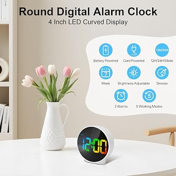 Lafocuse LED Colorful Digital Alarm Clock Battery Operated, Modern Round Digital Clock with 2 Alarms, Snooze, Adjustable Brightness, Curved Screen Design Bedside Alarm Clock for Bedroom Office