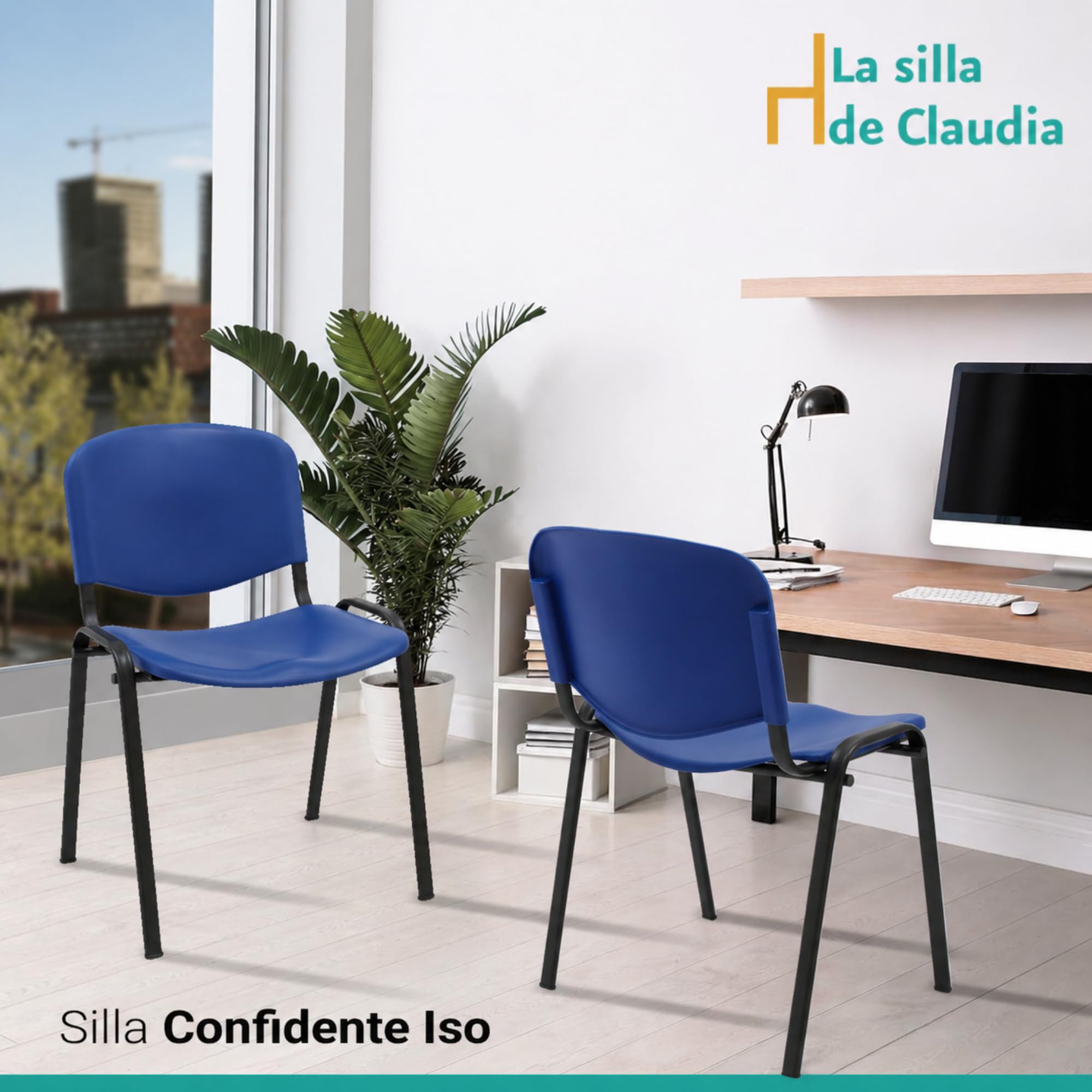 La Silla Confidente ISO de Plástico Apilable Pack de 4 Azul para Sala de Espera Oficina Reuniones
