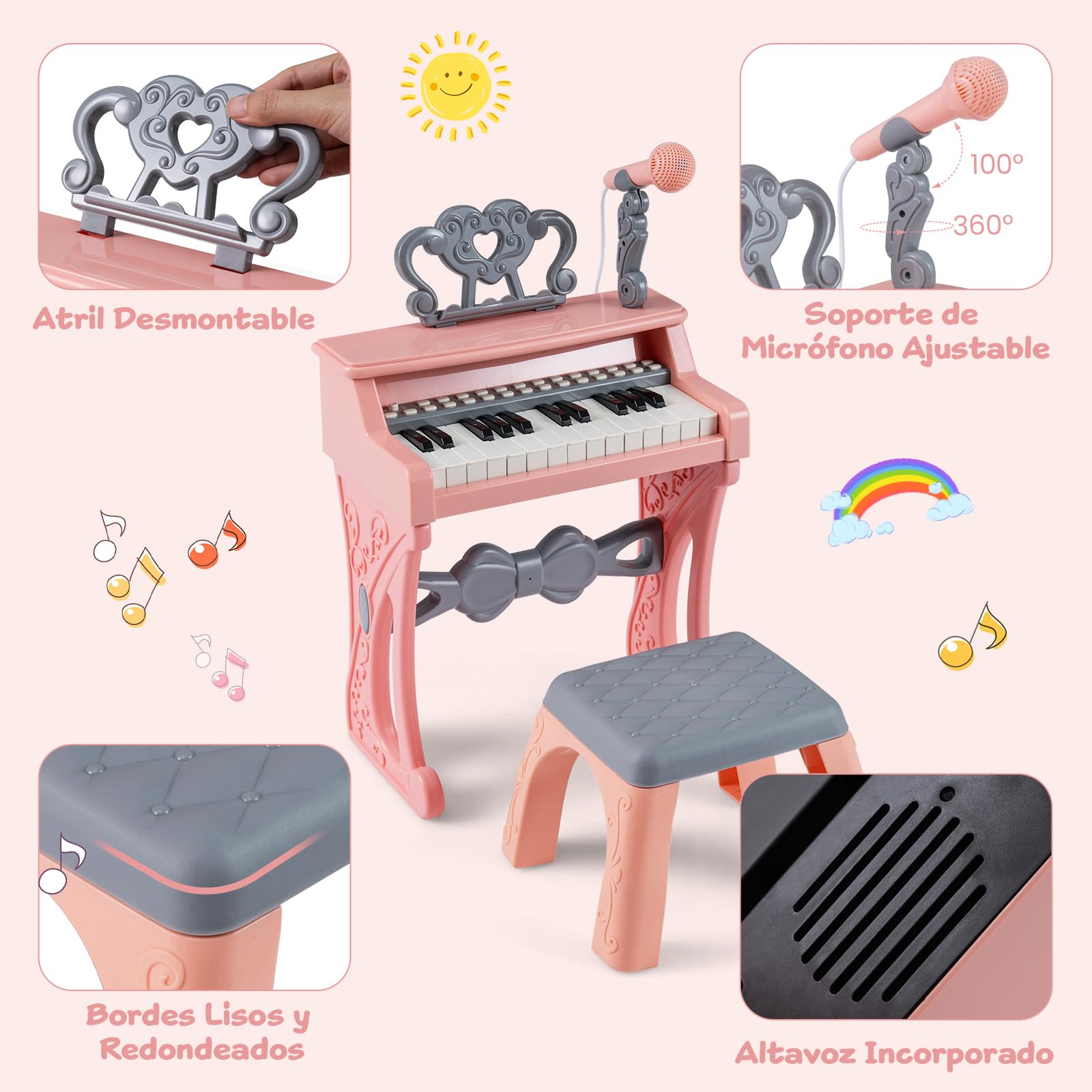 COSTWAY Teclado Piano de Madera para Niños, Piano Infantil Eléctrico de 25 Teclas con Taburete, Atril para Partituras y Micrófono, Órgano Electrónico Educativo para Niños a Partir de 3 Años, Rosa