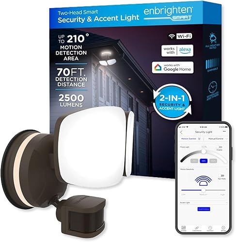 Miniatura 2 de Enbrighten Luz de seguridad inteligente LED Wi-Fi, control de aplicación, activada por movimiento, doble cabeza, bronce, certificación ETL,