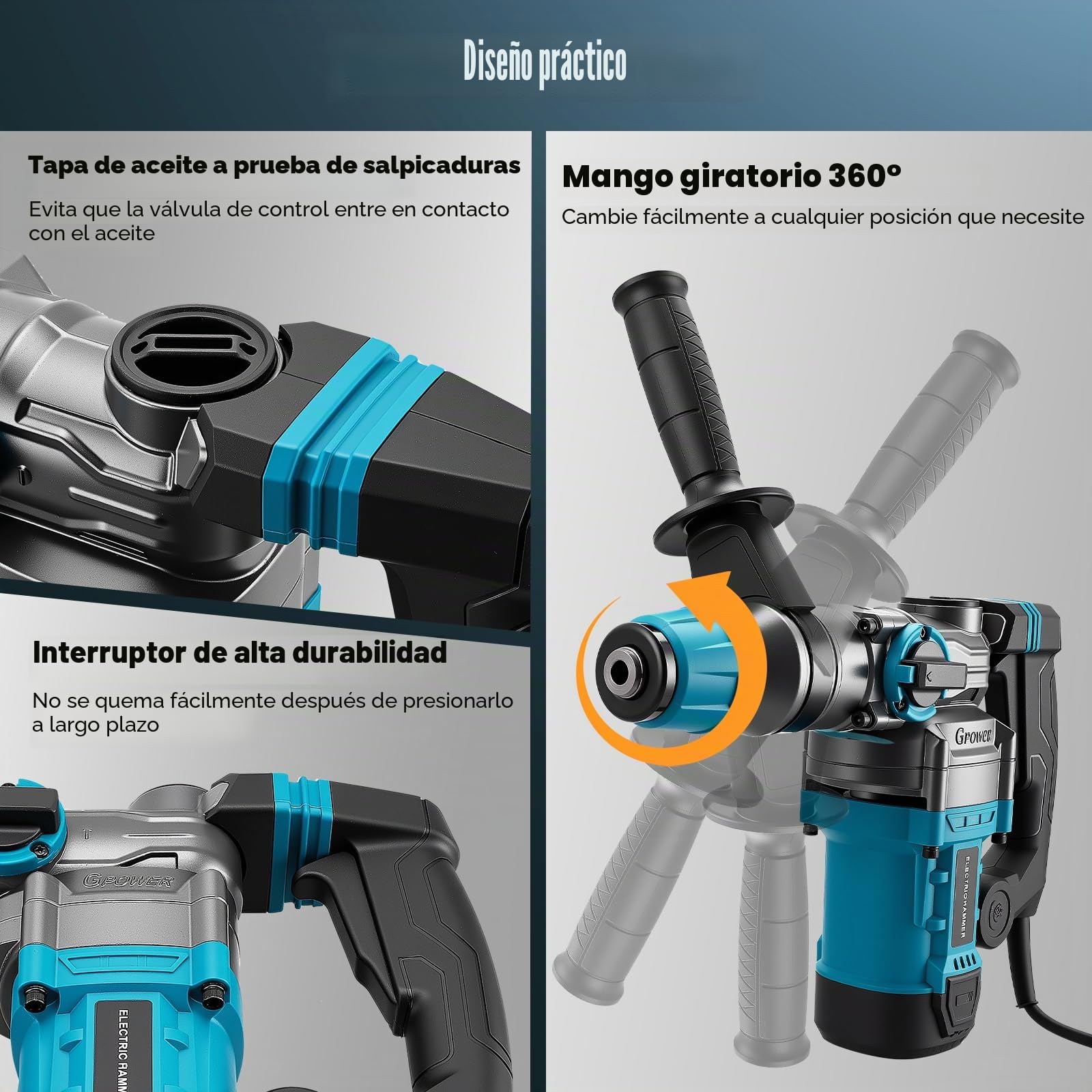 3 en 1 martillo demoledor,1500W martillo percutor Con 6 brocas y cinceles,energía de impacto de 12 J,diámetro de la broca: 40 mm,taladro percutor mango antivibración y embrague de seguridad
