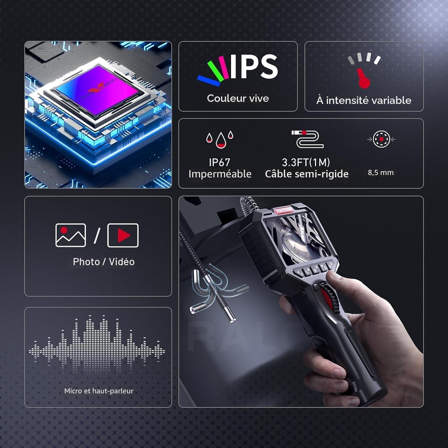 Ralcam Caméra Endoscope Industrielle 8,5 mm avec Écran 3,5" HD 1080P, Endoscope d’Inspection IP67 Étanche avec 8 LED, Câble Semi-Rigide 1M pour Tuyaux, Plomberie, Auto