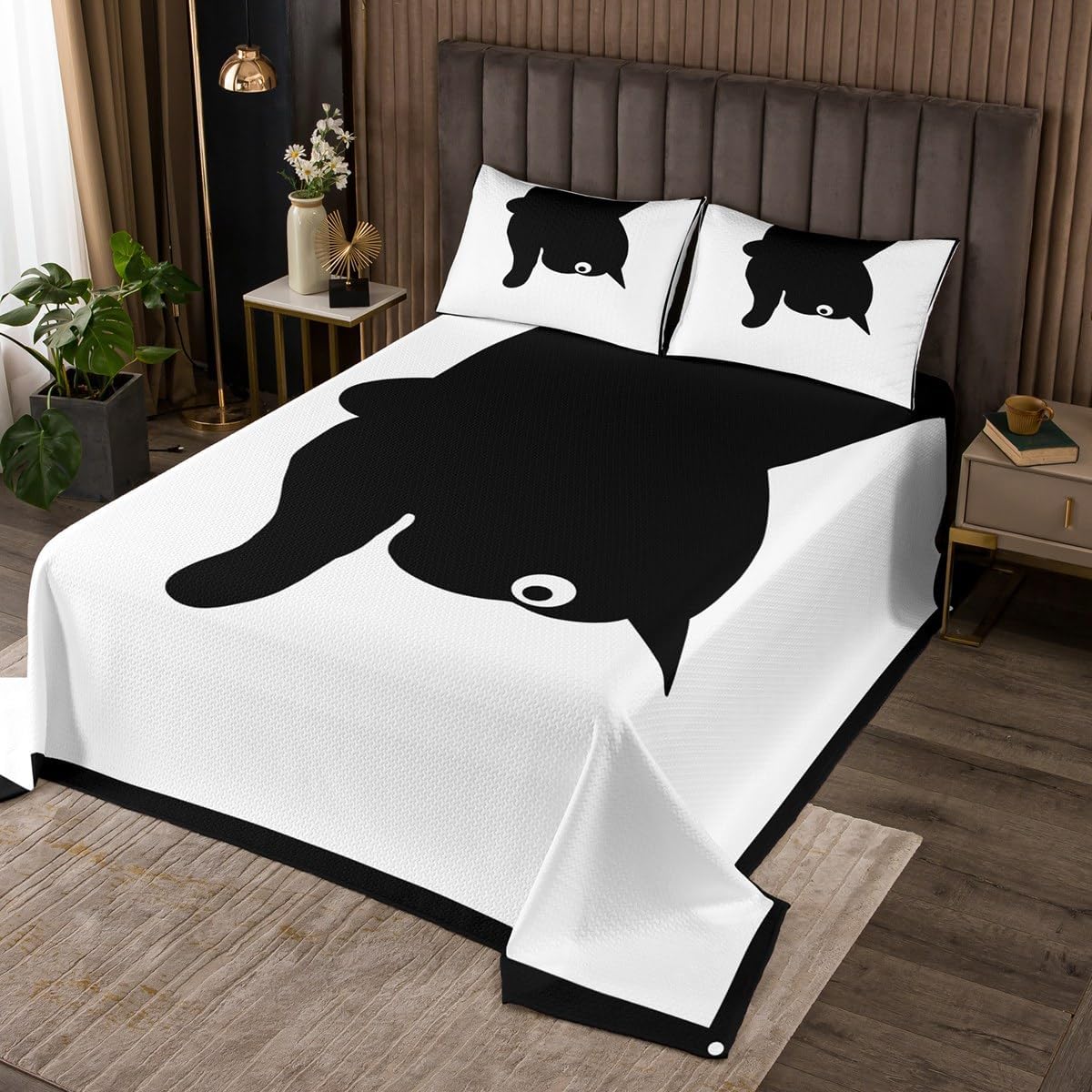 Erosebridal Black Cat Quilted Twin Size Lotus Animal Bedspread for Kids Boys Girls Kawaii Swimming Cute Floral Green Black Quilted Coverlet Soft Luxury Coverlet Set