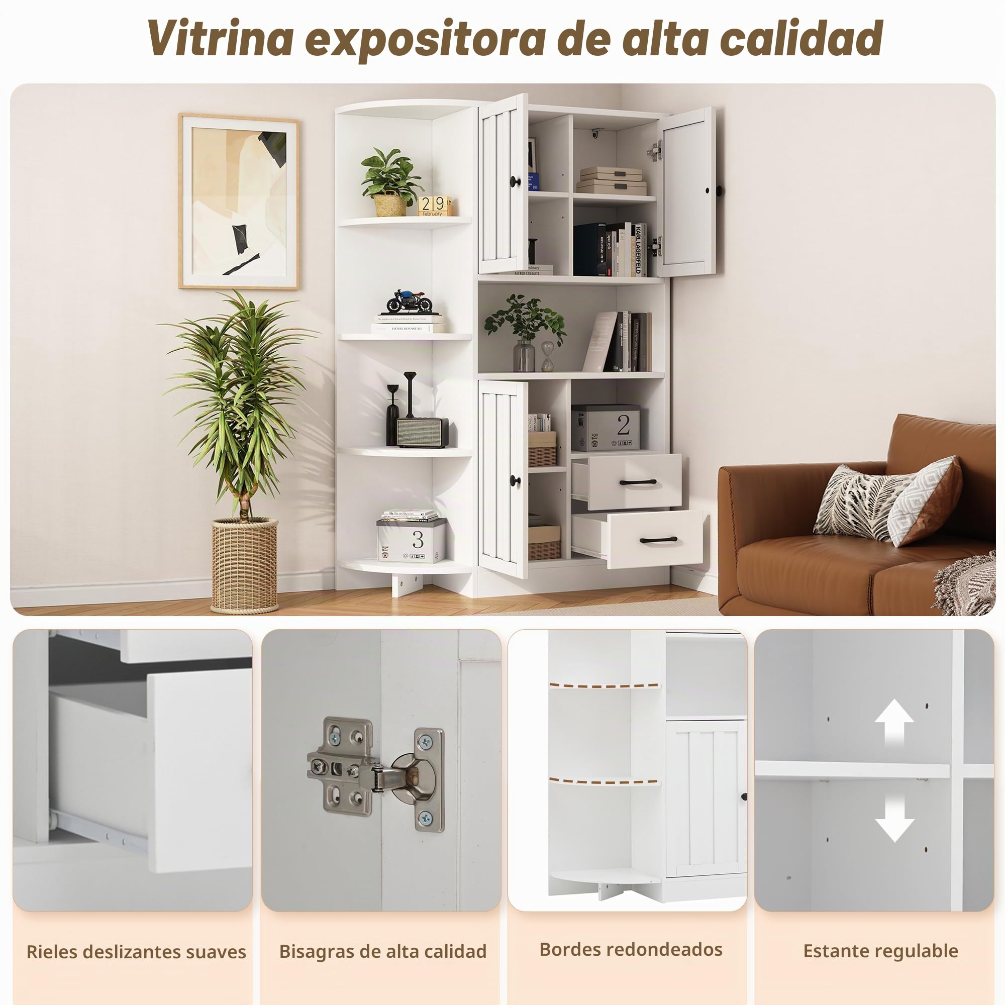 Soweiz Armario esquinero con 3 armarios + 2 cajones, estanterías de salón, armarios altos con un total de 14 áreas de almacenamiento, aparador, color blanco, 104 x 35 x 155 cm