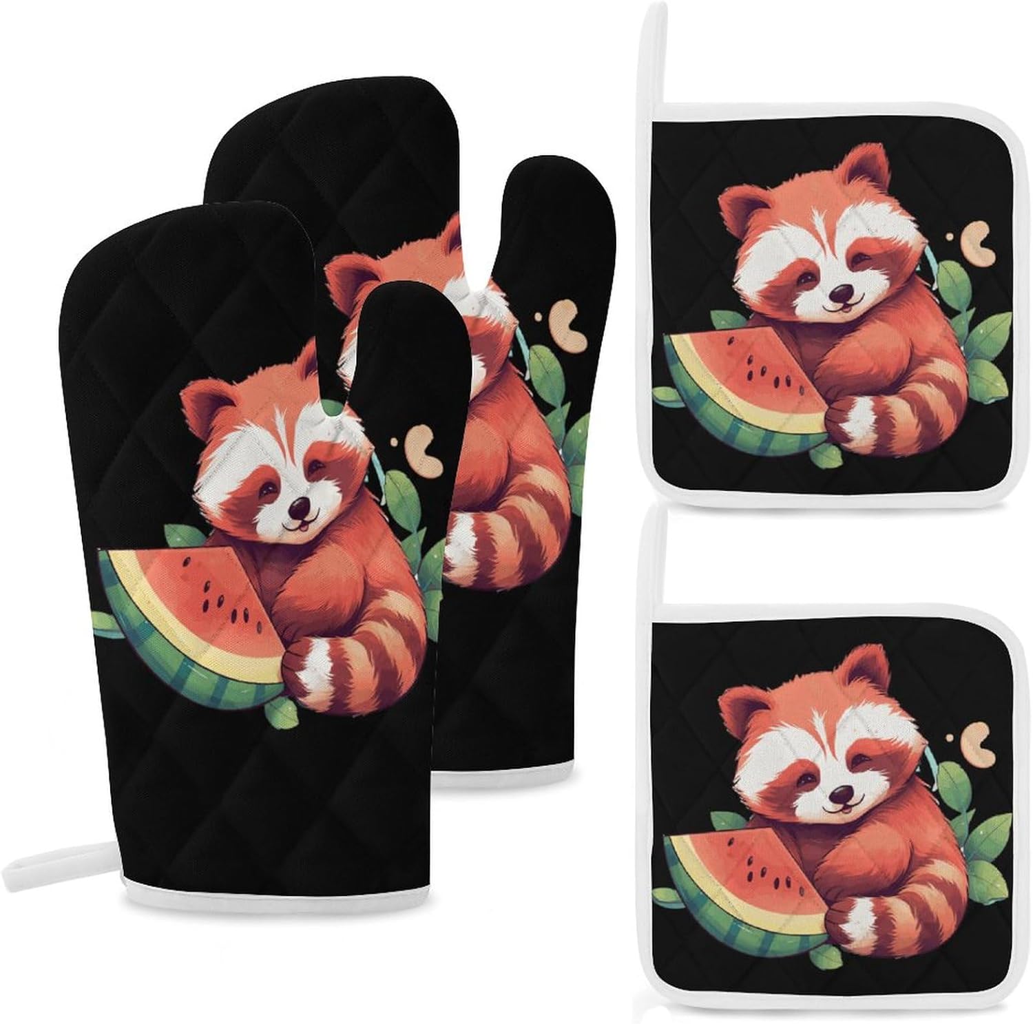 Red Panda Watermelon Pattern 4 Pcs Oven Mitts and Pot Holders Set High Heat Resistant Long Kitchen Oven Glove Potholders