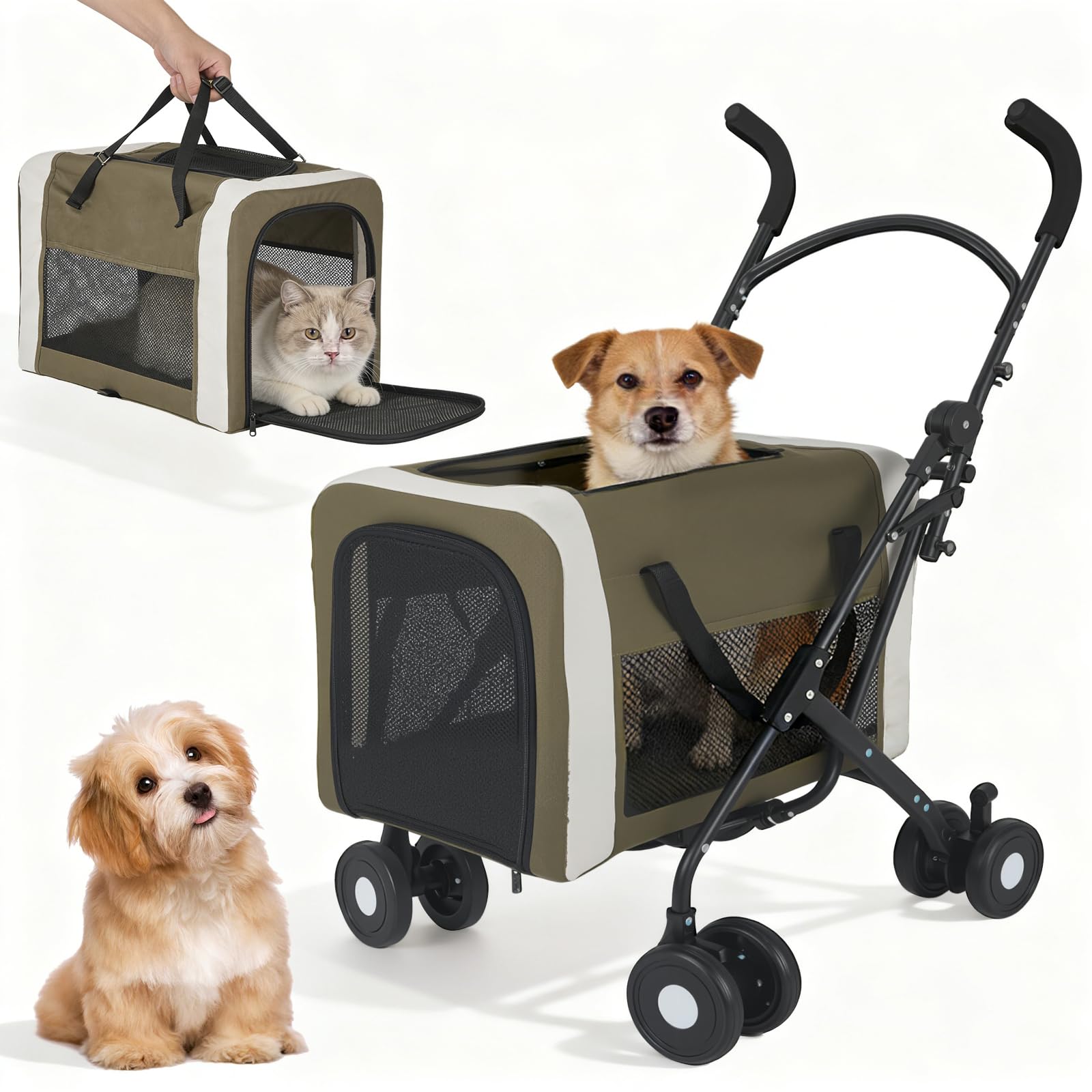 Poussette pour Chiens et Chats 30 kg, Poussette/Transporteur 2 en 1 pour Animaux de Compagnie, Panier Pliable à Deux Points d'entrée, Promeneur de Chien Portable en Plein air